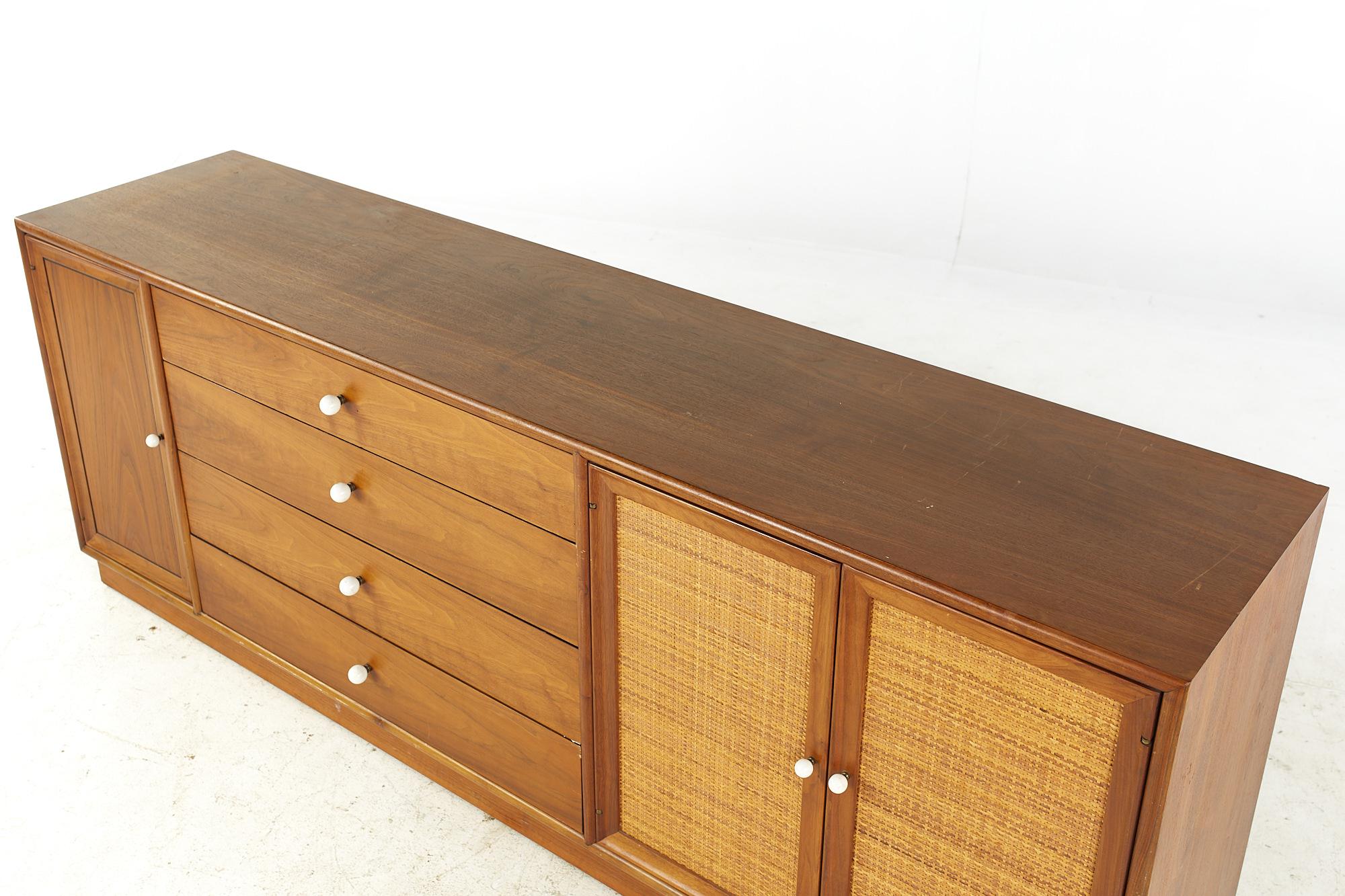Kipp Stewart for Drexel Mid Century Walnut and Cane Front Buffet and Hutch For Sale 1