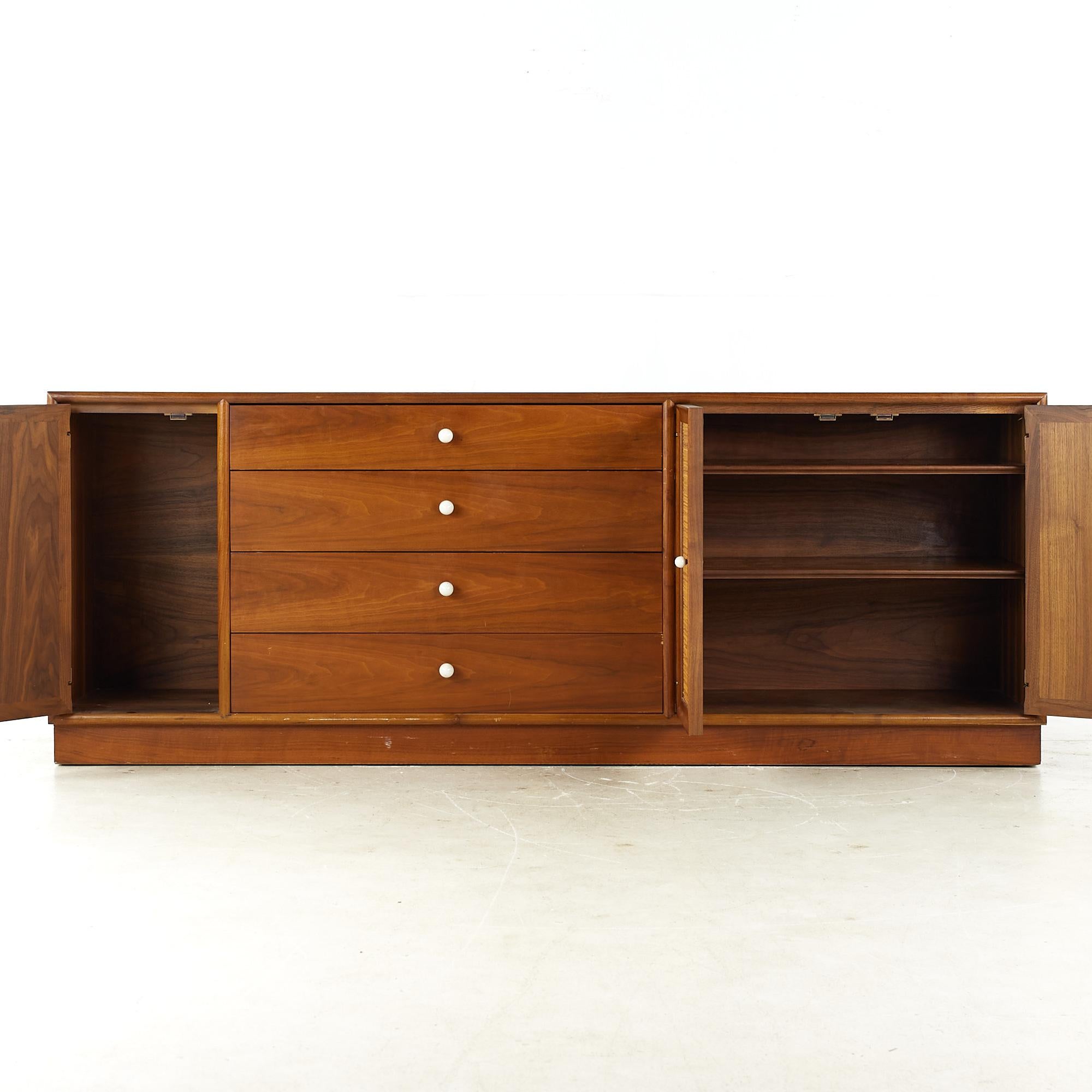 Kipp Stewart for Drexel Mid Century Walnut and Cane Front Buffet and Hutch For Sale 3