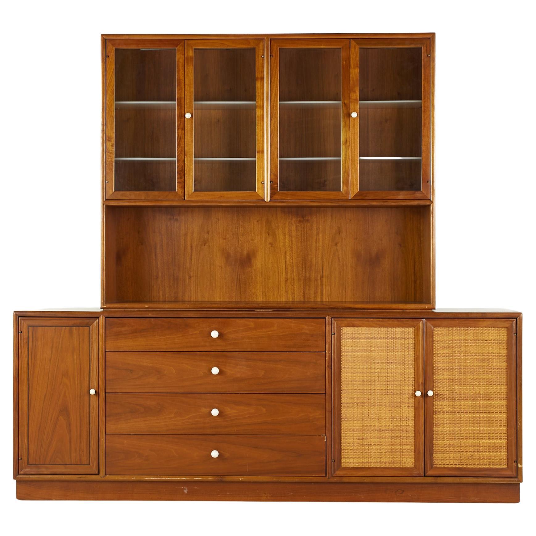 Kipp Stewart for Drexel Mid Century Walnut and Cane Front Buffet and Hutch For Sale