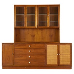 Used Kipp Stewart for Drexel Mid Century Walnut and Cane Front Buffet and Hutch