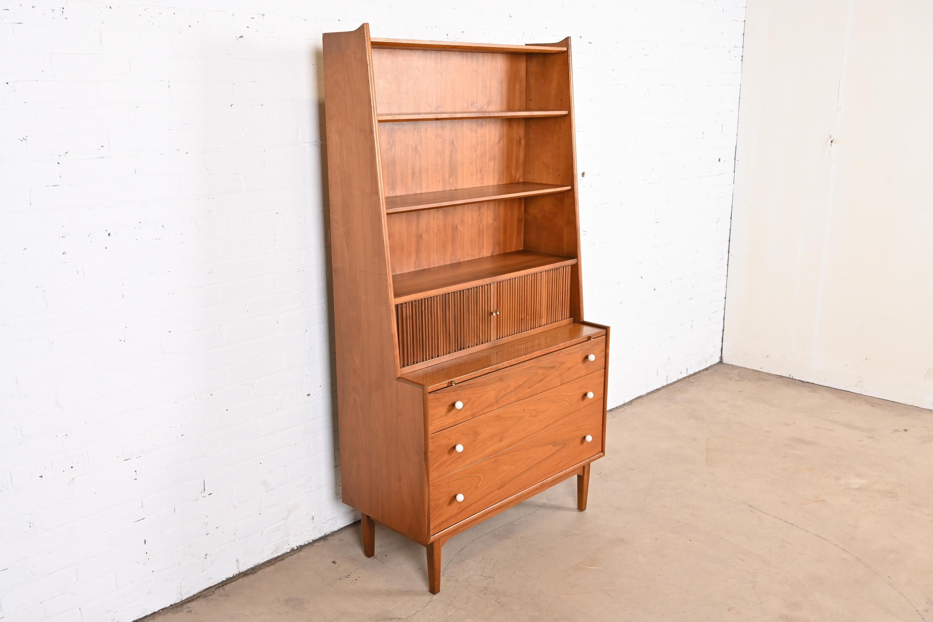 Kipp Stewart for Drexel Walnut Tambour Door Secretary Desk with Bookcase, 1966 In Good Condition For Sale In South Bend, IN