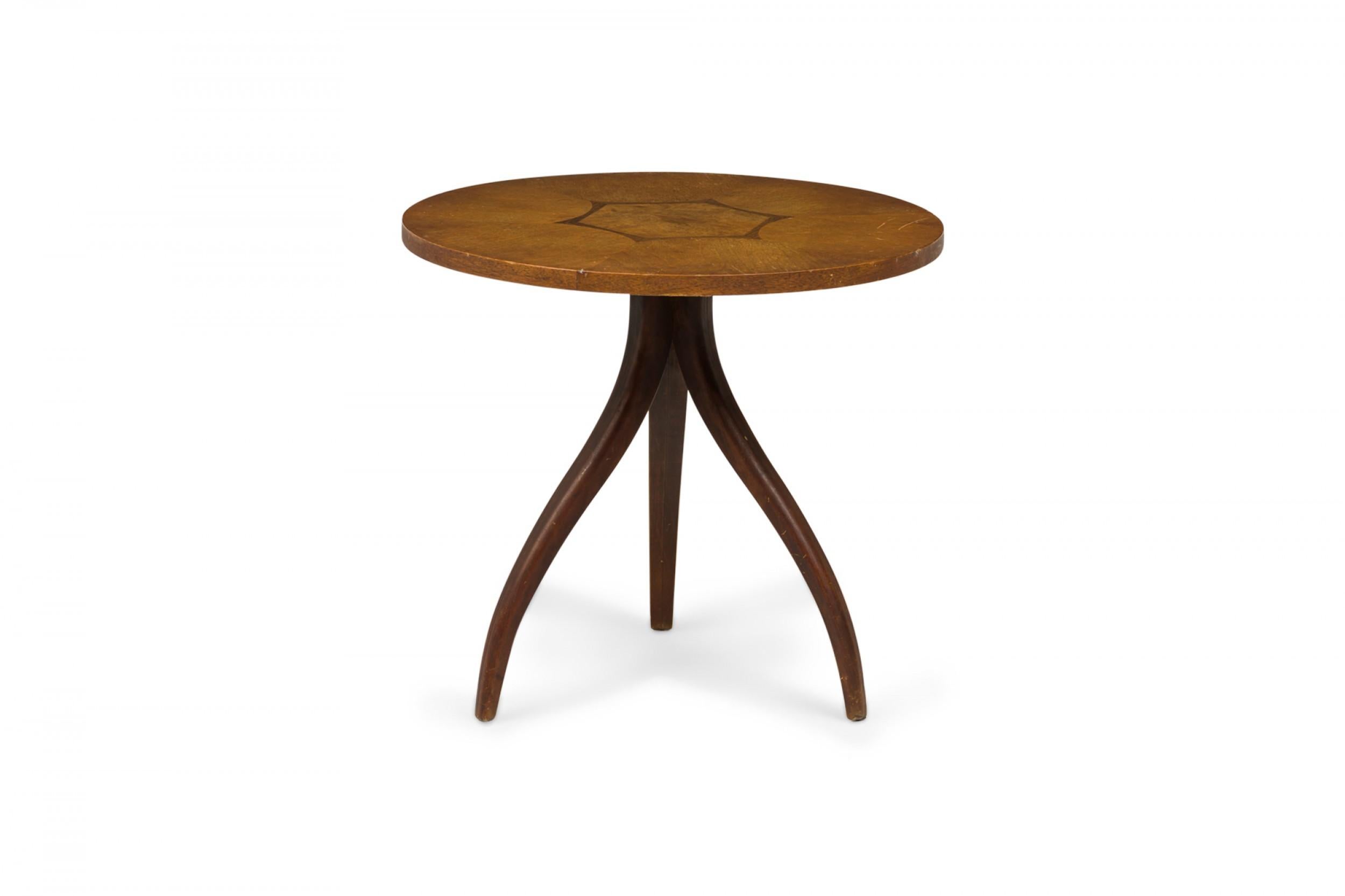 Mid-Century Modern Kipp Stewart for Drexel Wooden Inlay Hexagon Circular Tripod End / Side Table For Sale