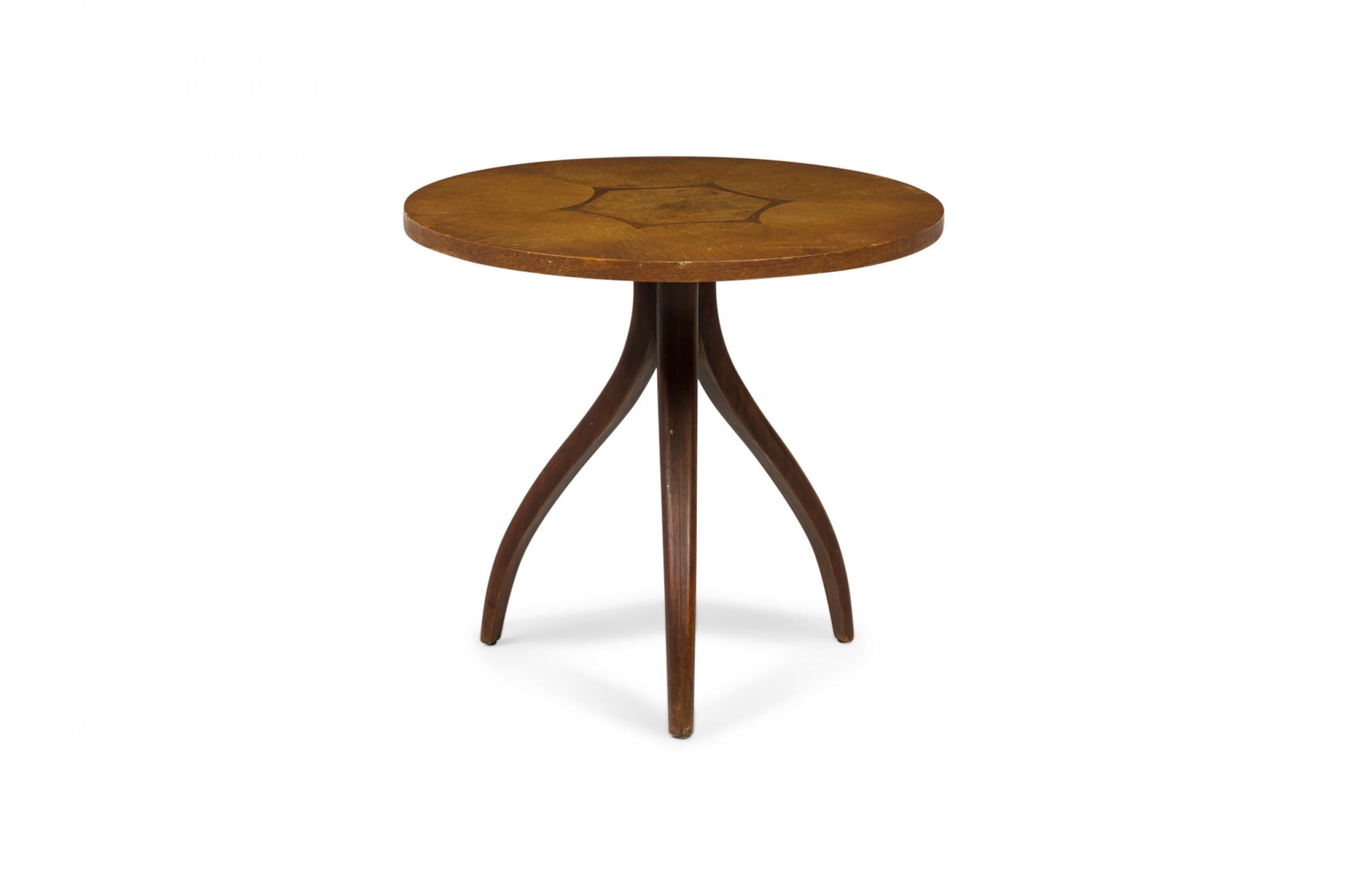 American Kipp Stewart for Drexel Wooden Inlay Hexagon Circular Tripod End / Side Table For Sale