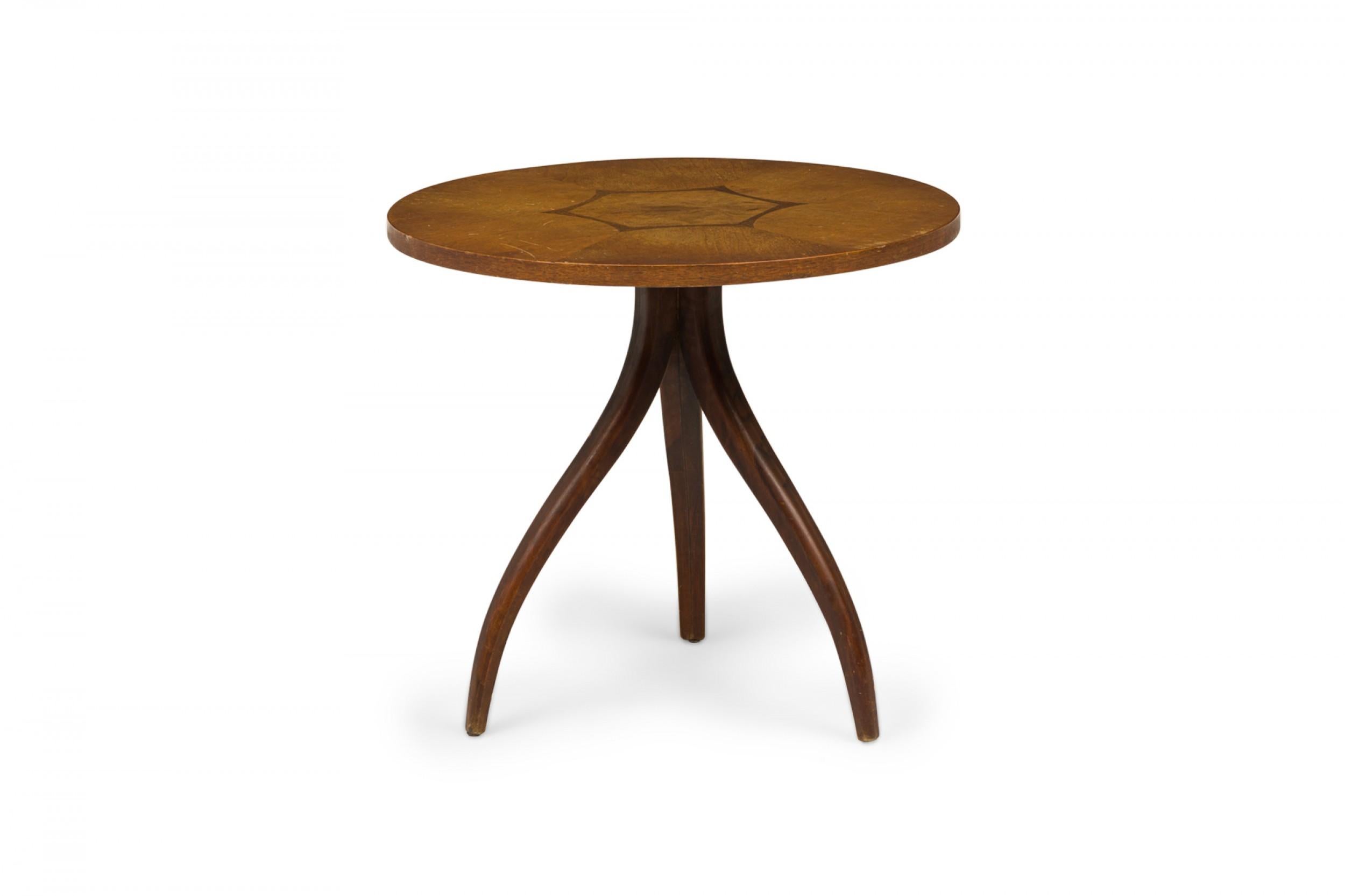American Kipp Stewart for Drexel Wooden Inlay Hexagon Circular Tripod End / Side Table For Sale