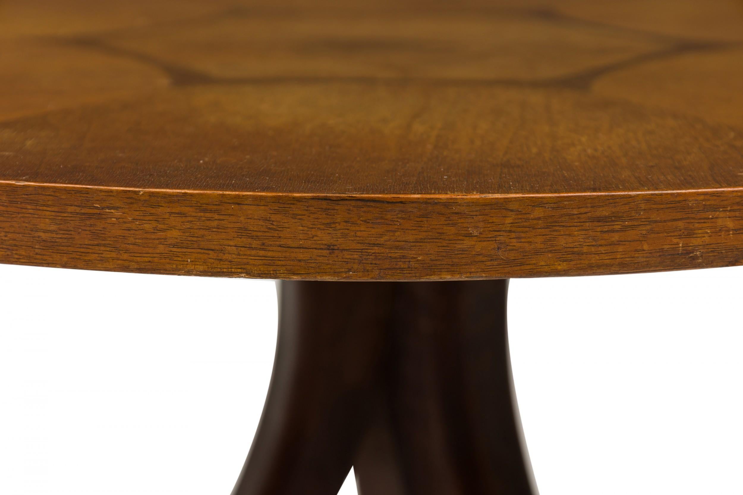 20th Century Kipp Stewart for Drexel Wooden Inlay Hexagon Circular Tripod End / Side Table For Sale