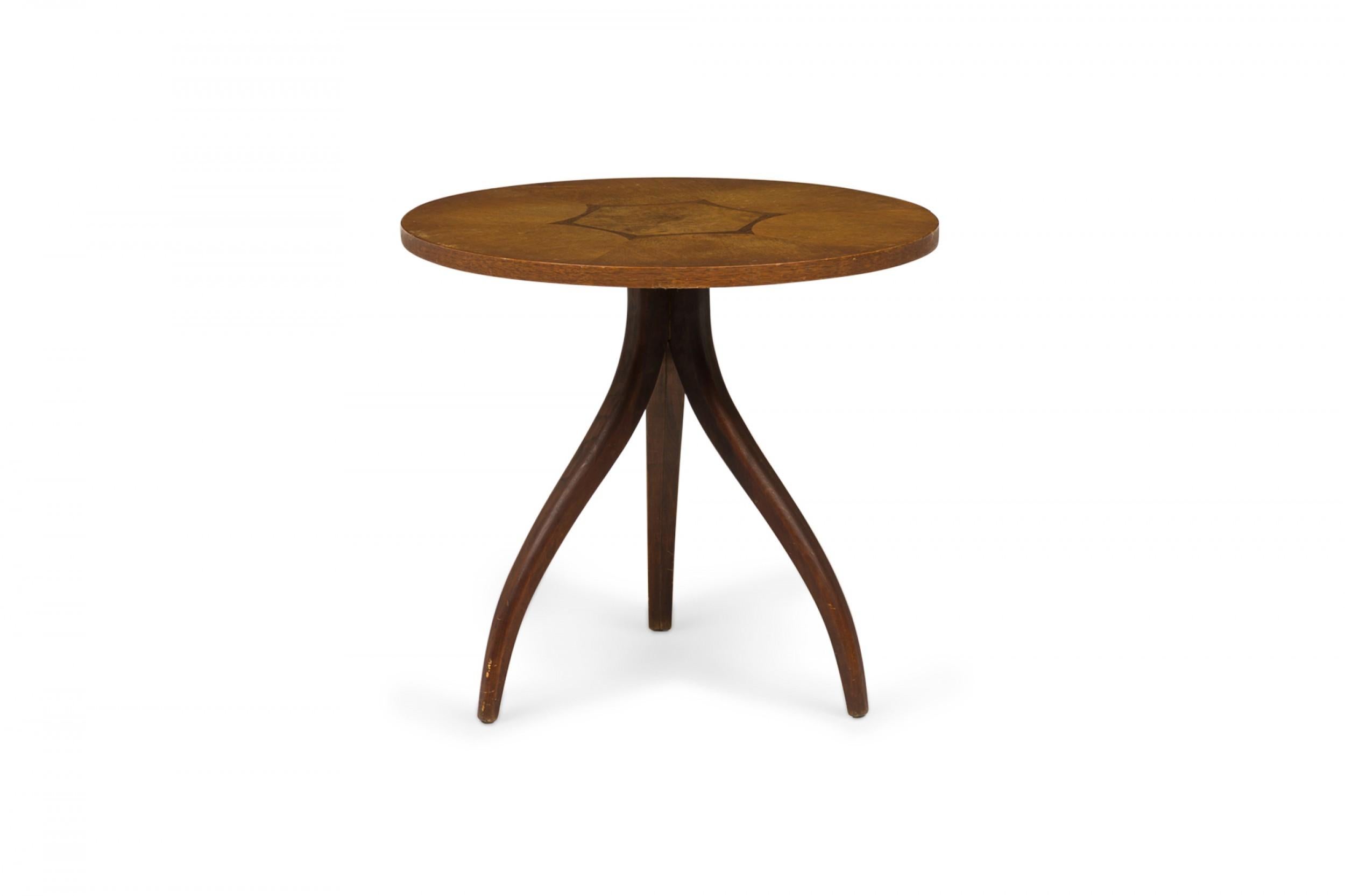 Kipp Stewart for Drexel Wooden Inlay Hexagon Circular Tripod End / Side Table