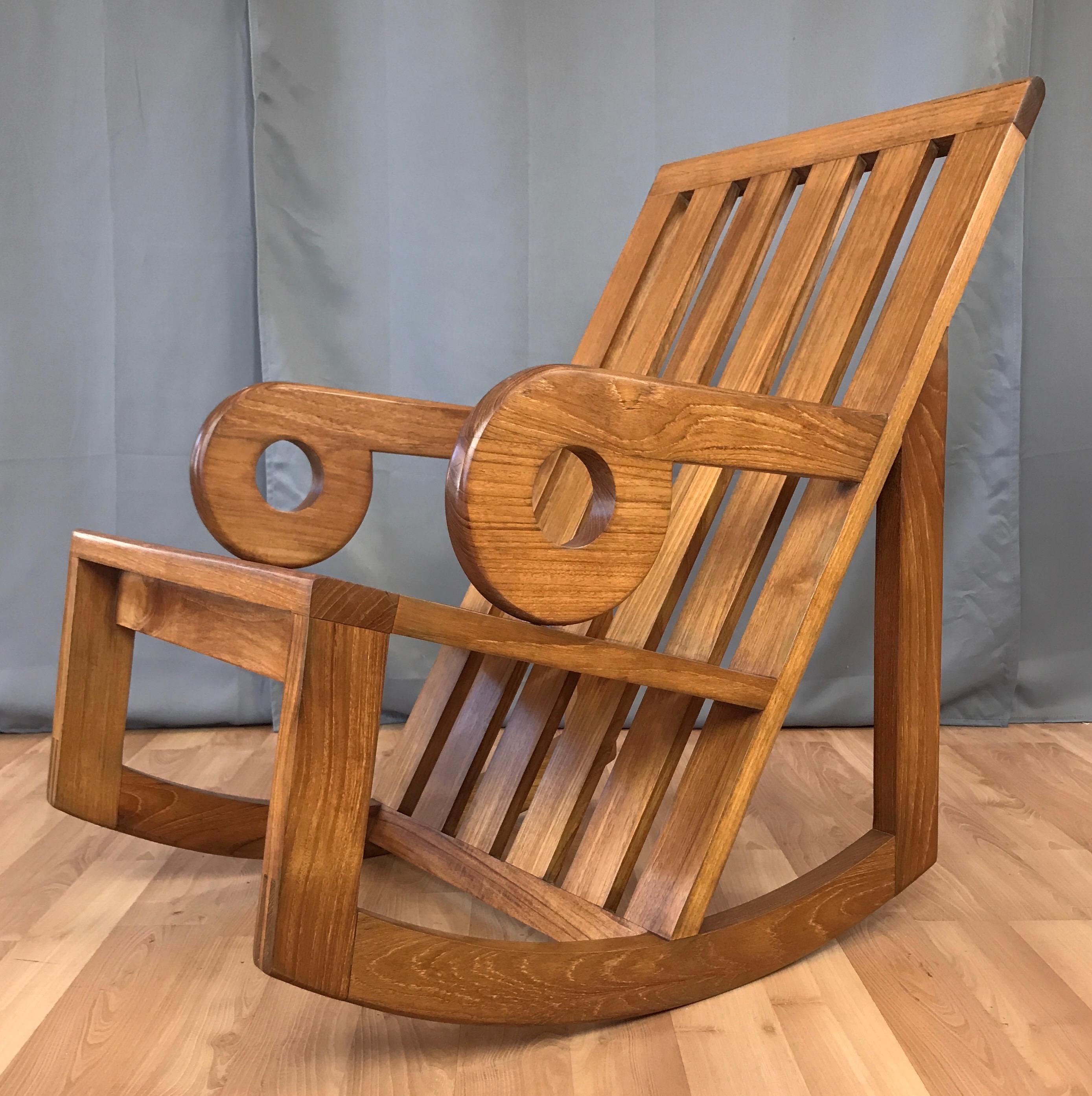 An early and rare AP288 Aperture rocker in teak by Monterey, California, designer, architect, and artist Kipp Stewart for Summit Furniture.

Impressively handcrafted of very substantial solid teak. Bold geometric lines and forms on display from
