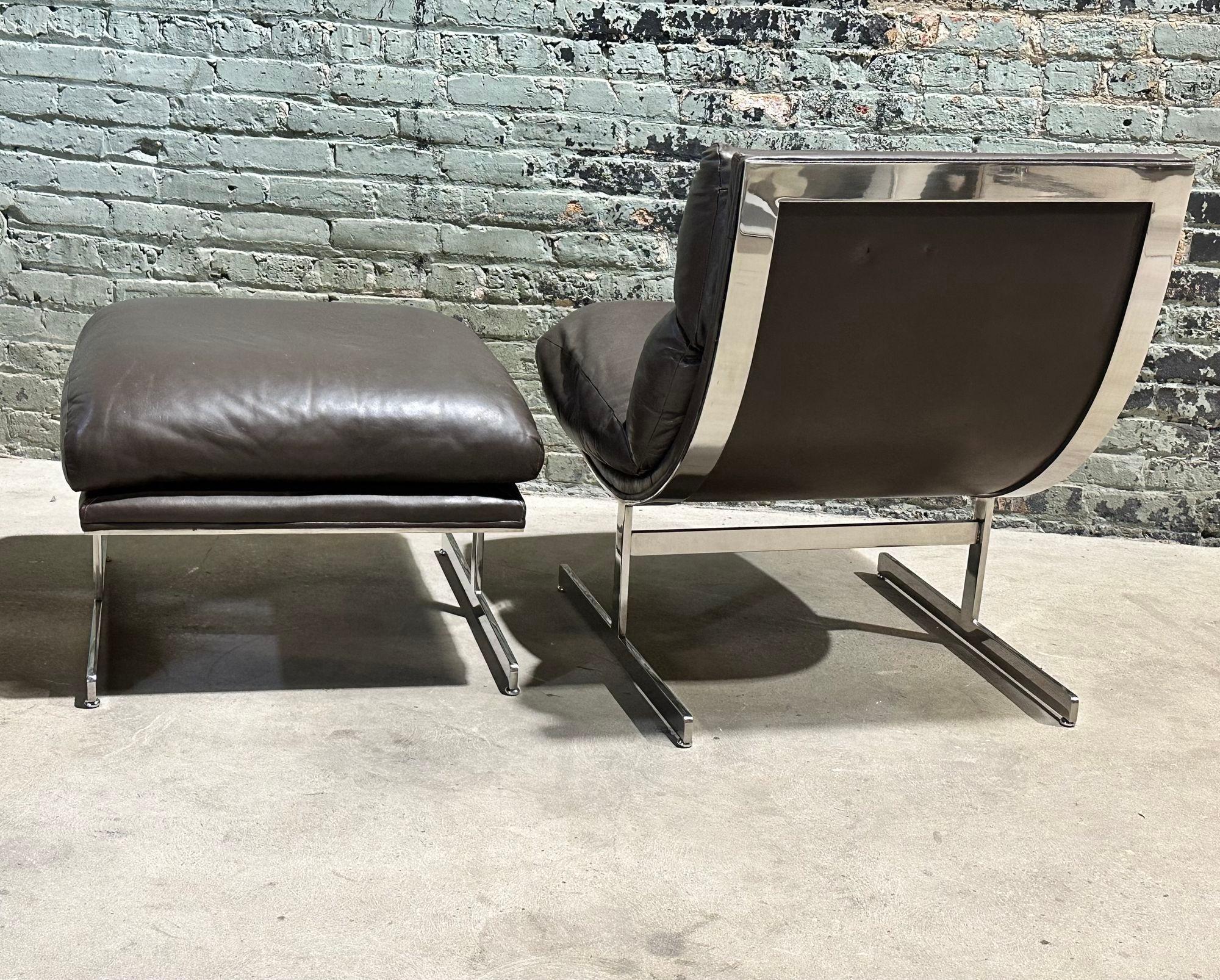 Mid-Century Modern Kipp Stewart Leather/Stainless Steel Lounge Chair Ottoman by Directional, 1970 For Sale