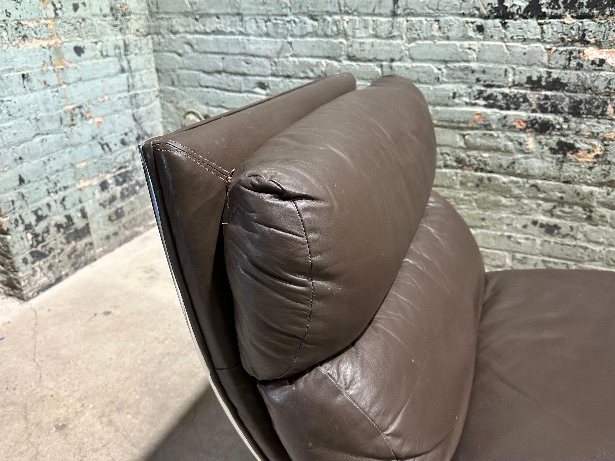 American Kipp Stewart Leather/Stainless Steel Lounge Chair Ottoman by Directional, 1970 For Sale