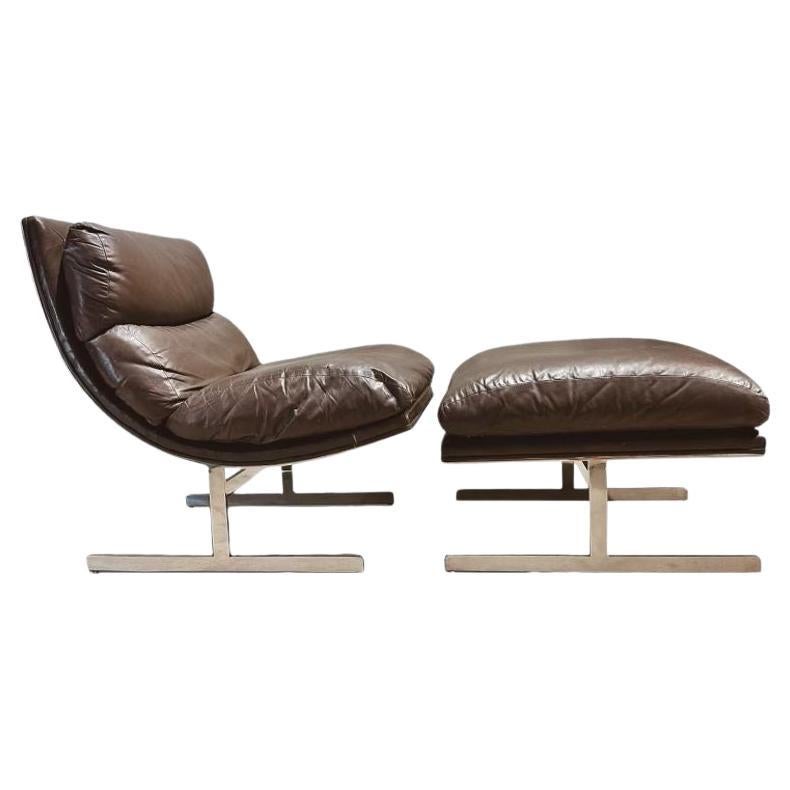 Sedia da salotto ottomana Kipp Stewart in pelle e acciaio inossidabile di Directional, 1970