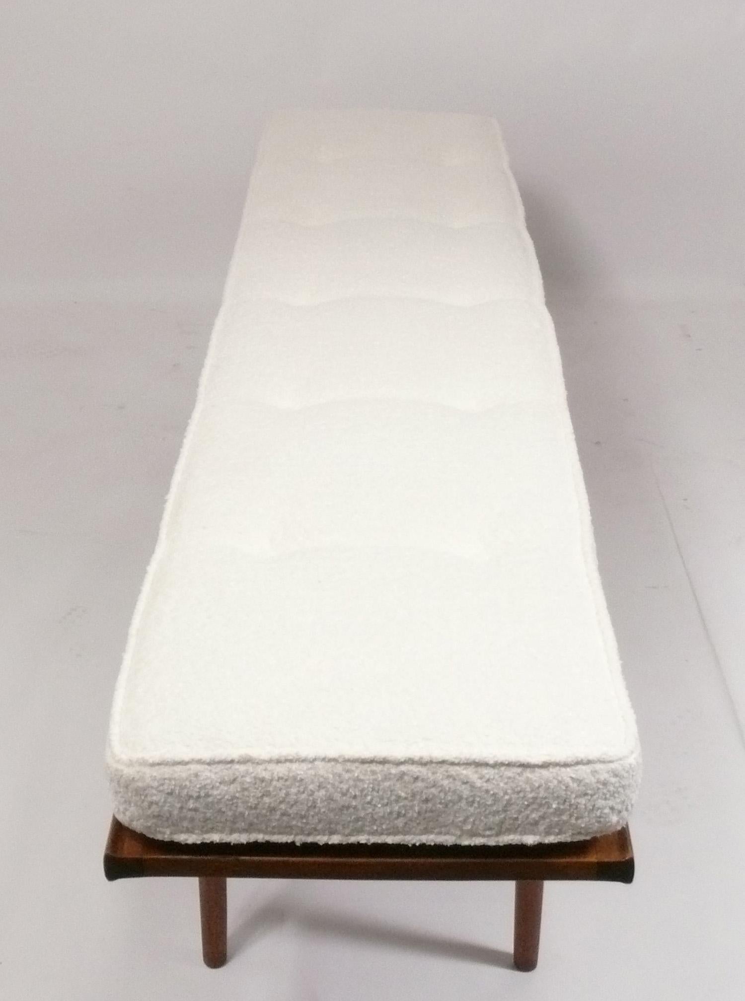 Mid-Century Modern Kipp Stewart Mid Century Modern Walnut Bench in New Ivory Boucle Upholstery