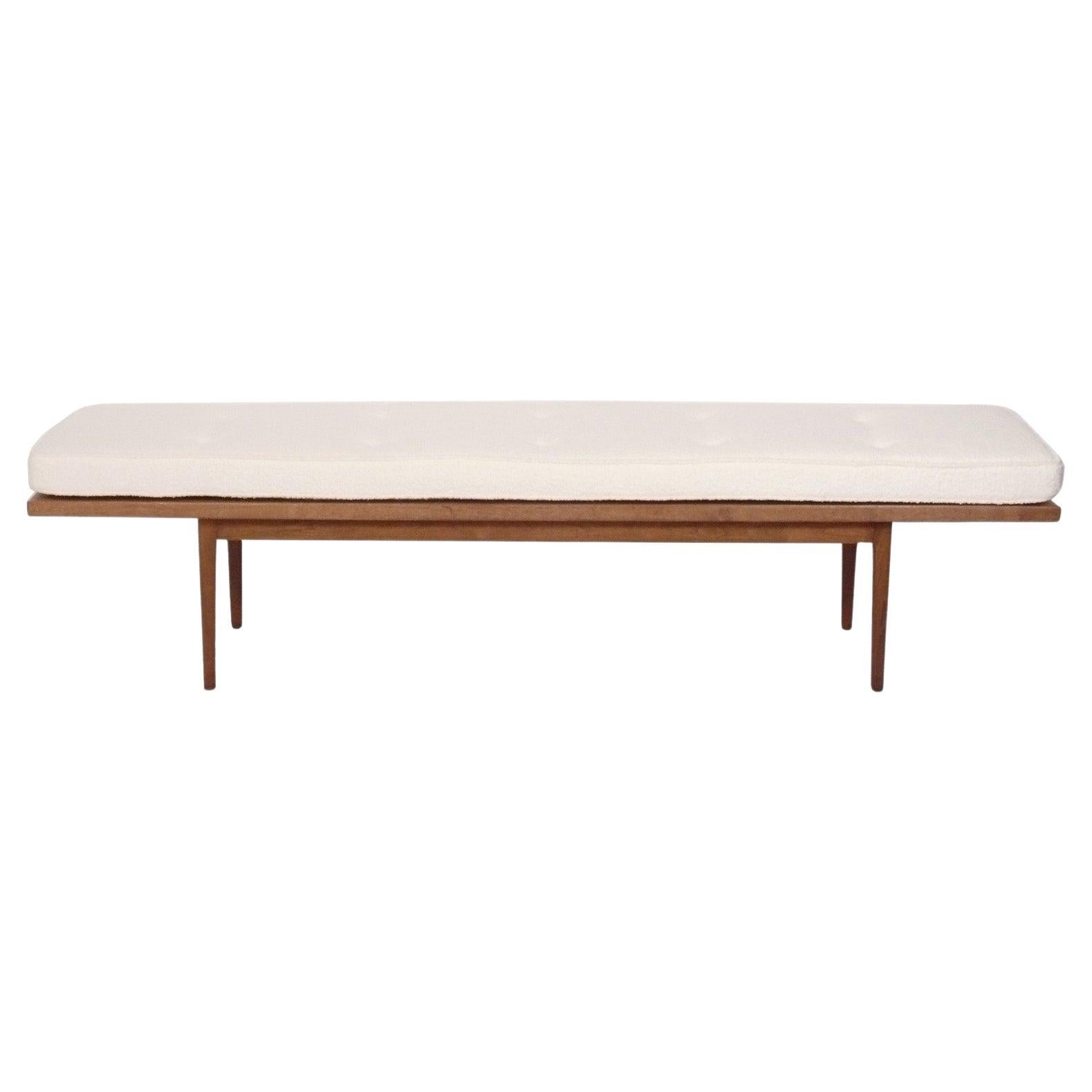 Kipp Stewart Mid Century Modern Walnut Bench in New Ivory Boucle Upholstery