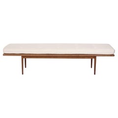 Kipp Stewart Mid Century Modern Walnut Bench in New Ivory Boucle Upholstery