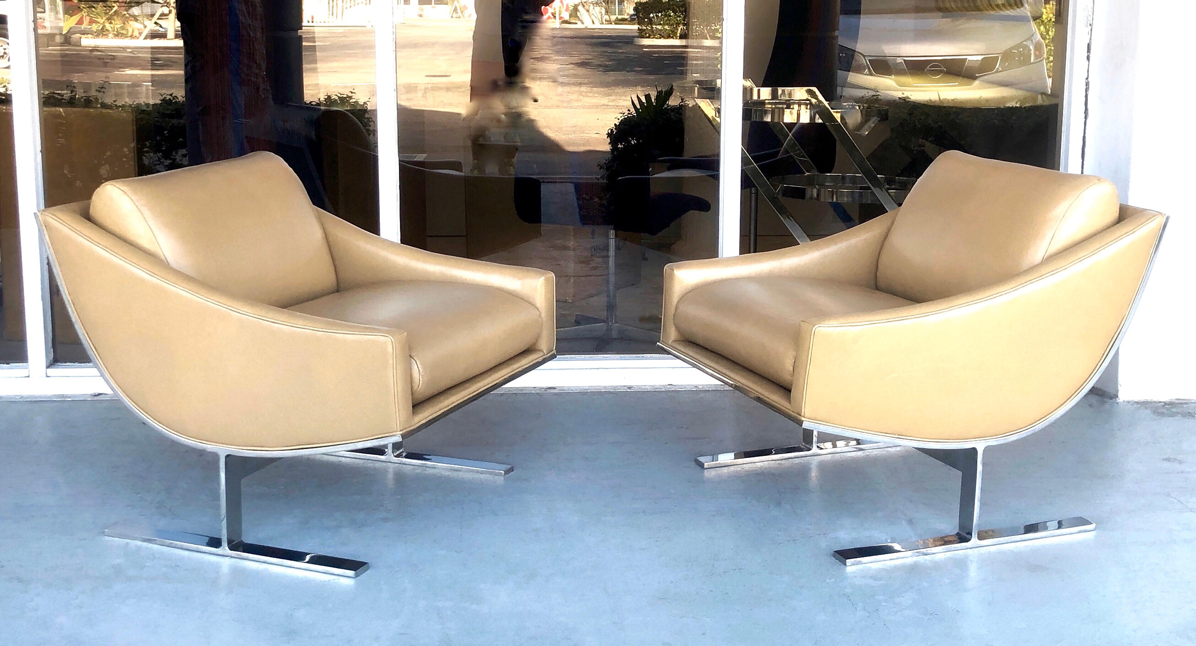 Kipp Stewart Pair of Stainless Steel and Camel Leather Lounge Chairs, 1960s 2