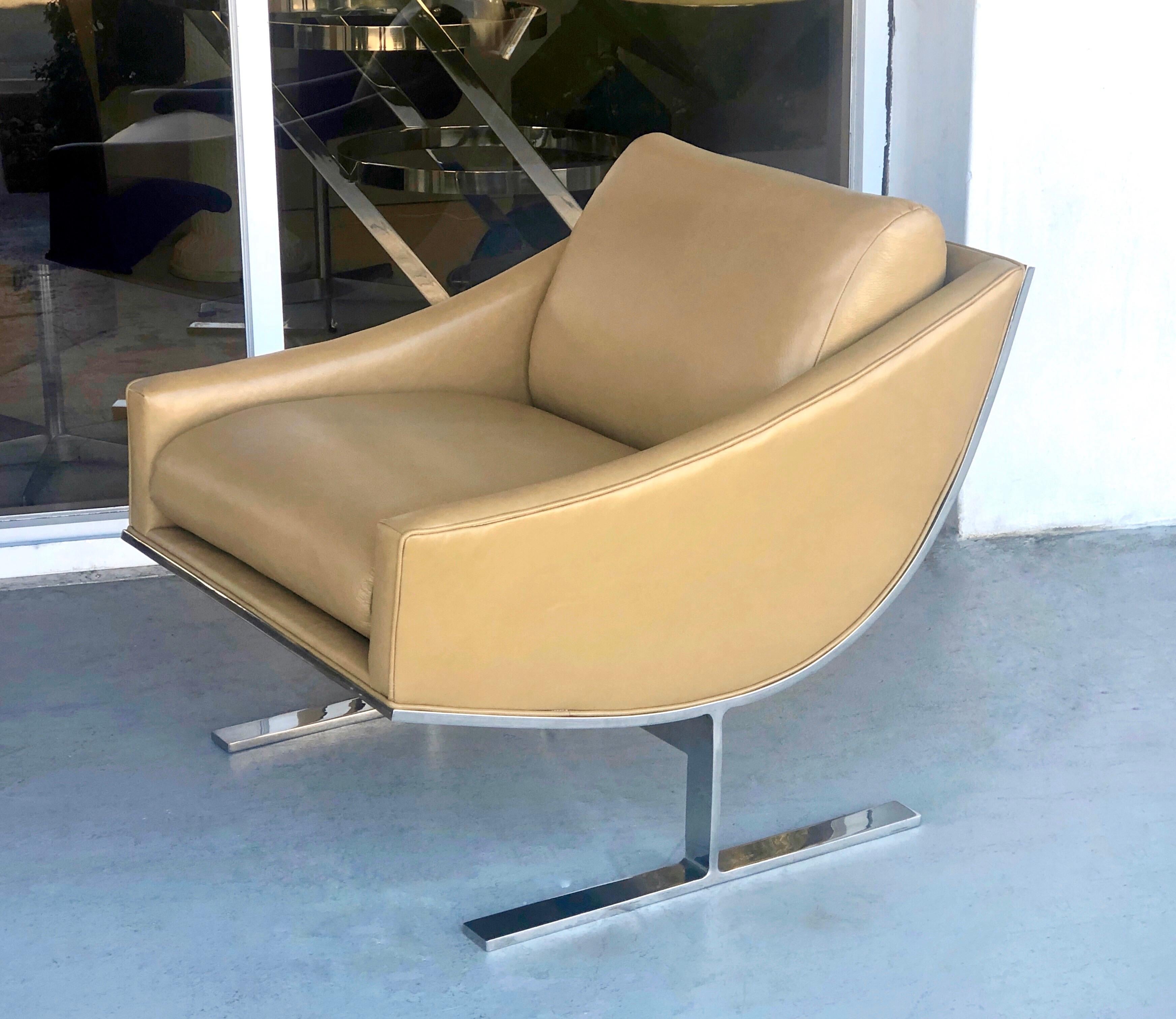 Kipp Stewart Pair of Stainless Steel and Camel Leather Lounge Chairs, 1960s 3