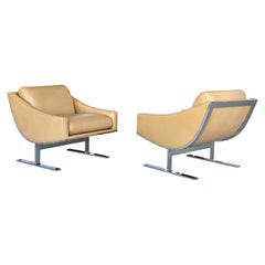 Kipp Stewart Pair of Stainless Steel and Camel Leather Lounge Chairs, 1960s