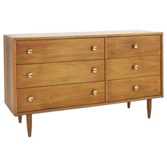Kipp Stewart Style Mid Century Walnut and Brass 6 Drawer Lowboy Dresser