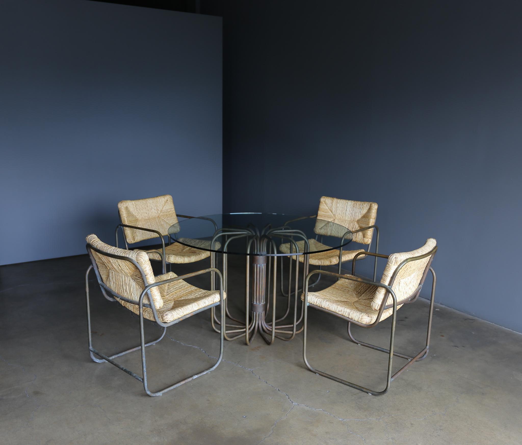 Lawrence Peabody Tubular Bronze & Rush Dining Set for Terra, circa 1970 In Good Condition In Costa Mesa, CA