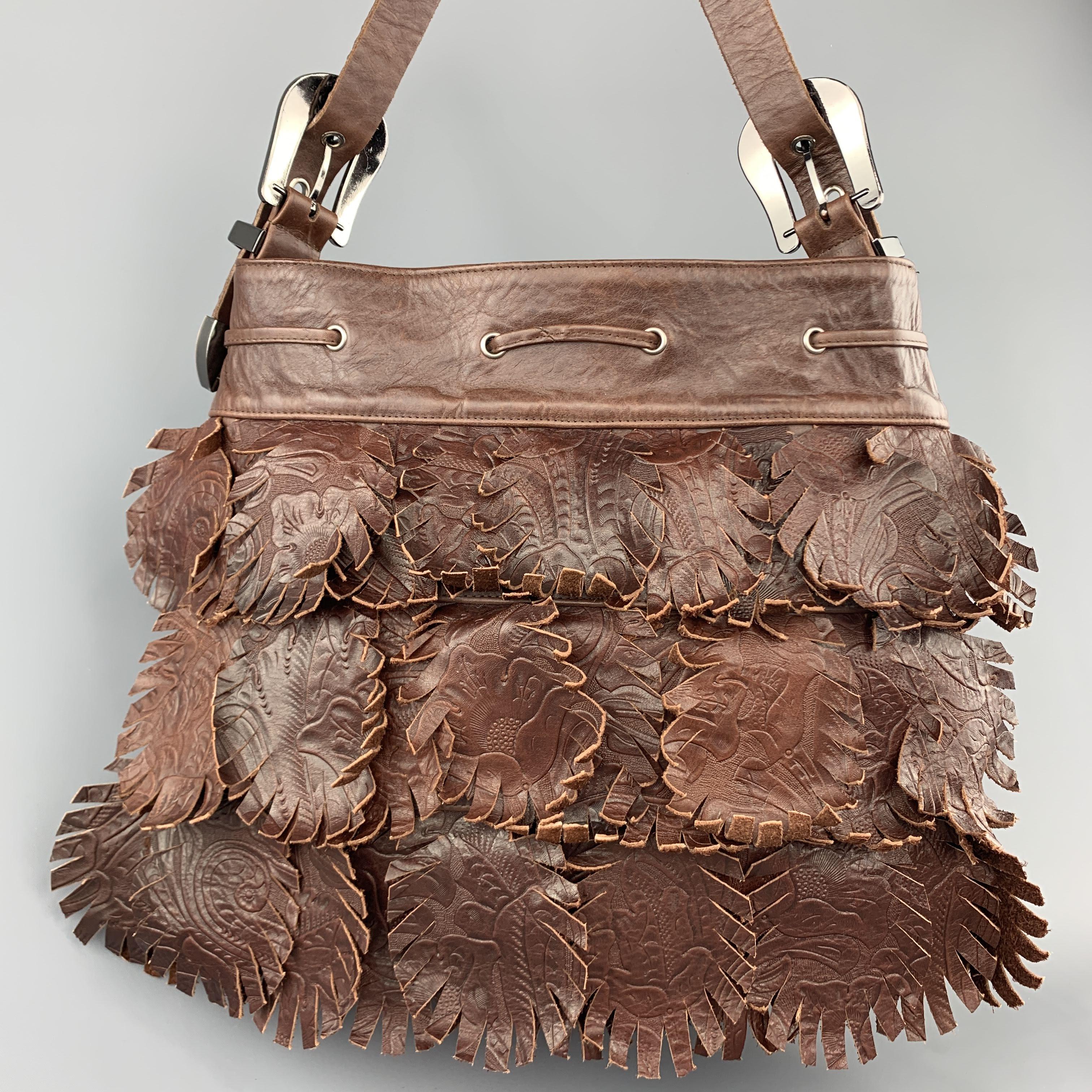 KIPPYS Brown Embossed Leather Rhinestones Western Handbag In Excellent Condition In San Francisco, CA