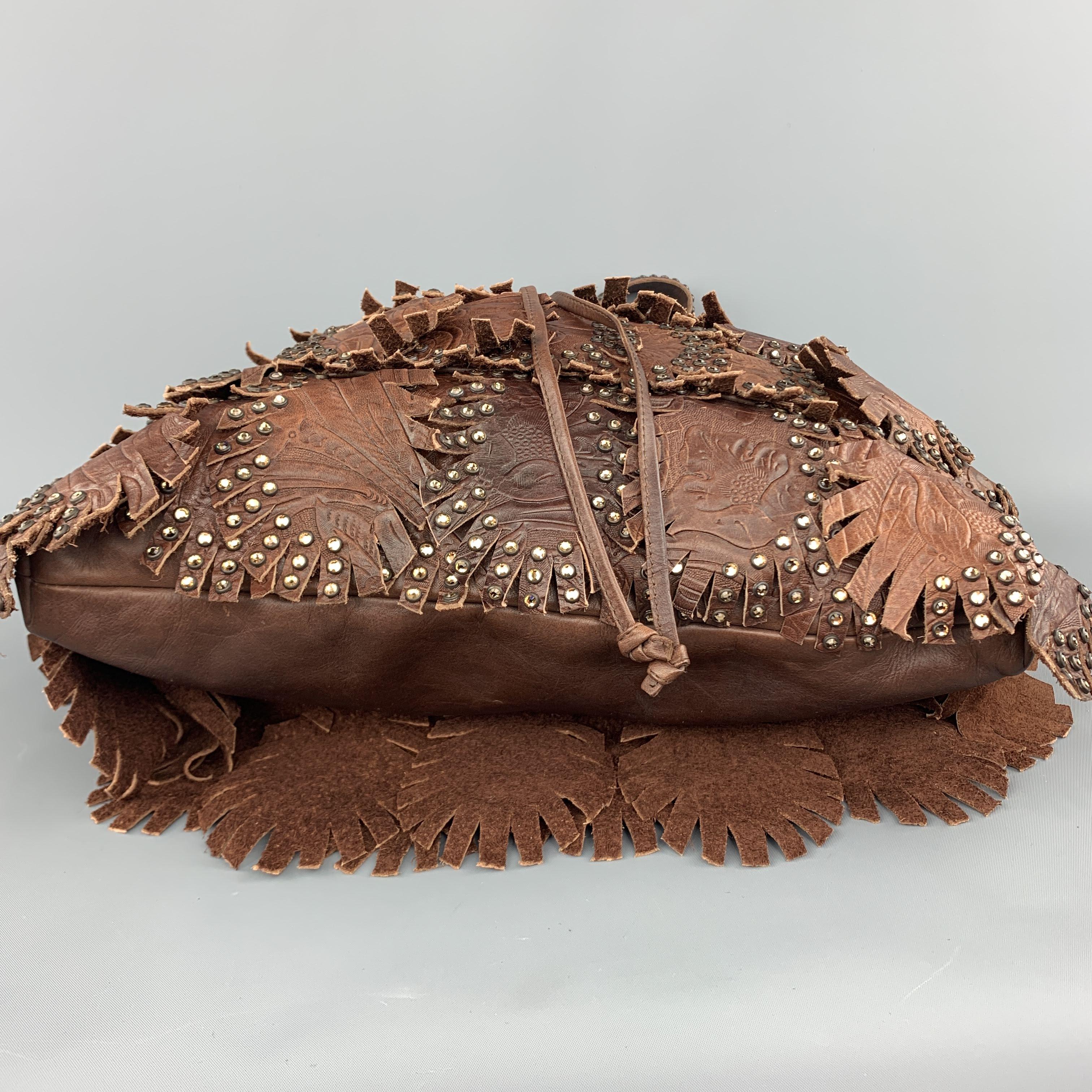 KIPPYS Brown Embossed Leather Rhinestones Western Handbag 1