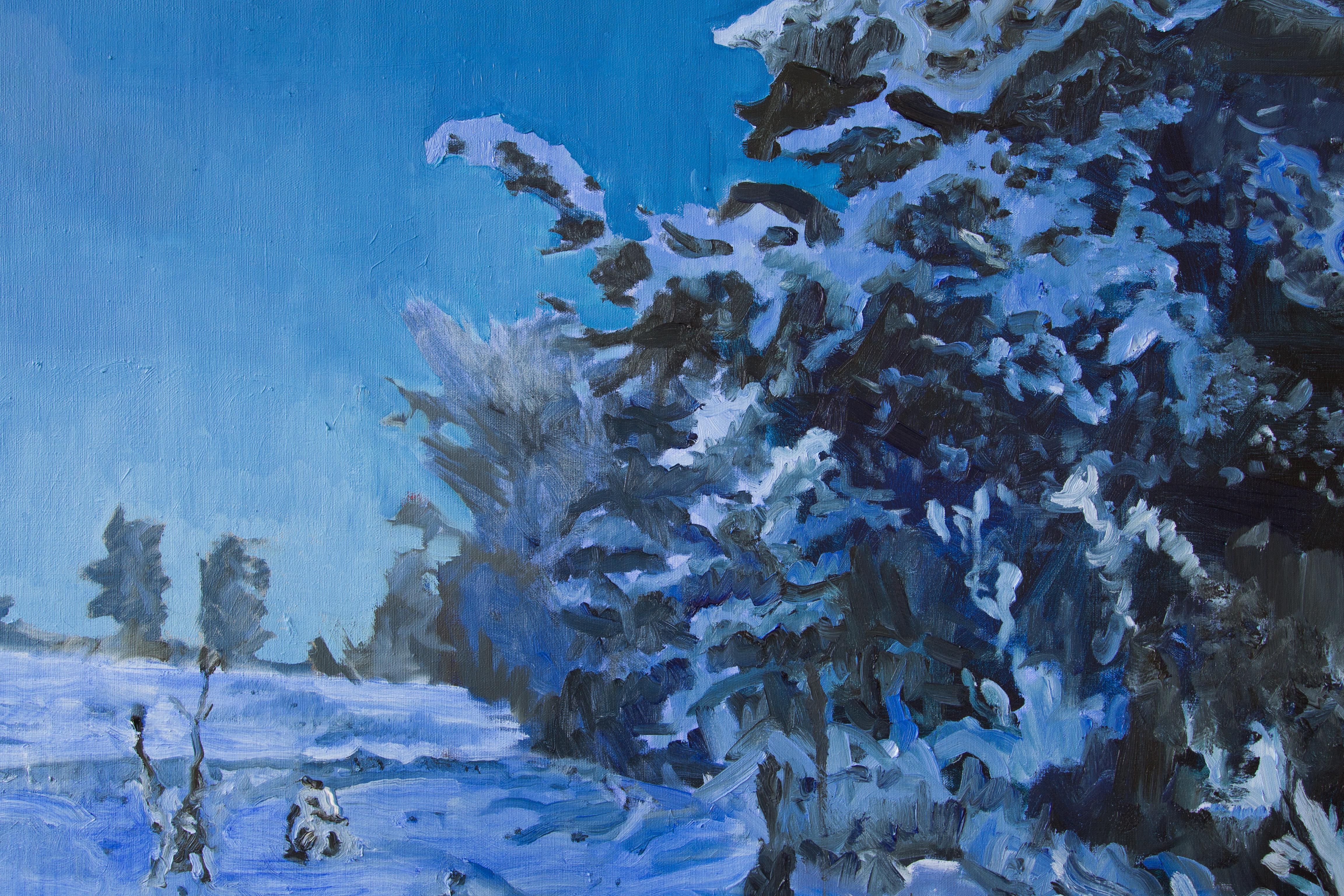 Information Age Landscape - Wald, Dekameron inspiriert, Öl, 2020er Jahre (Violett), Figurative Painting, von Kipras Cerniauskas
