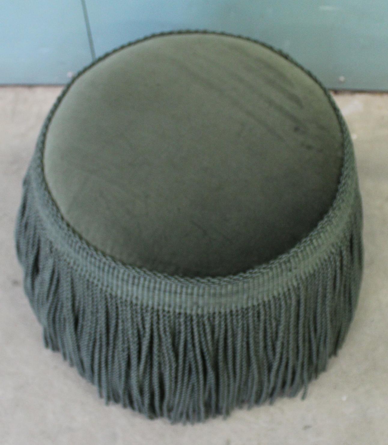Hand-Woven KIR ROYAL/P Pouf with Green Fringes and Velvet  For Sale