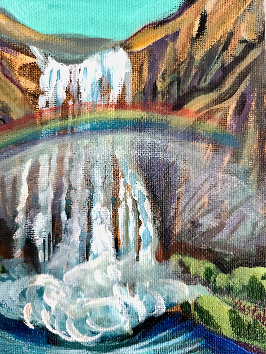 <p>Artist Comments<br>In primitivism style, artist Kira Yustak presents a majestic view of the jungle. She draws inspiration from natural phenomena occurring in nature. A prismatic rainbow emerges from the raging waterfall connecting to the sun's