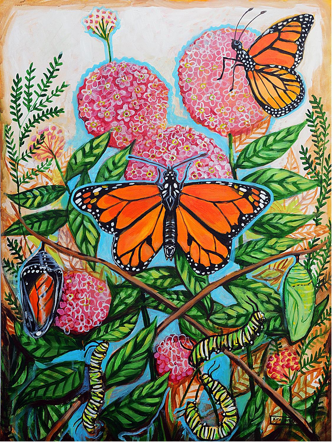 Kira Yustak Animal Painting - Monarchs and Milkweed, Original Painting