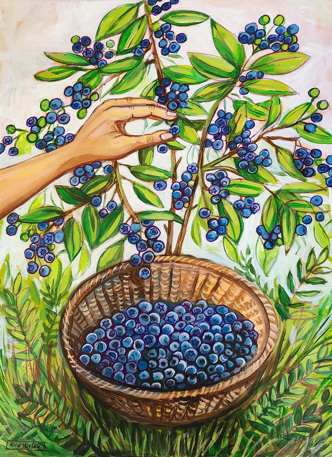 Kira Yustak Landscape Painting - Picking Blueberries, Original Painting