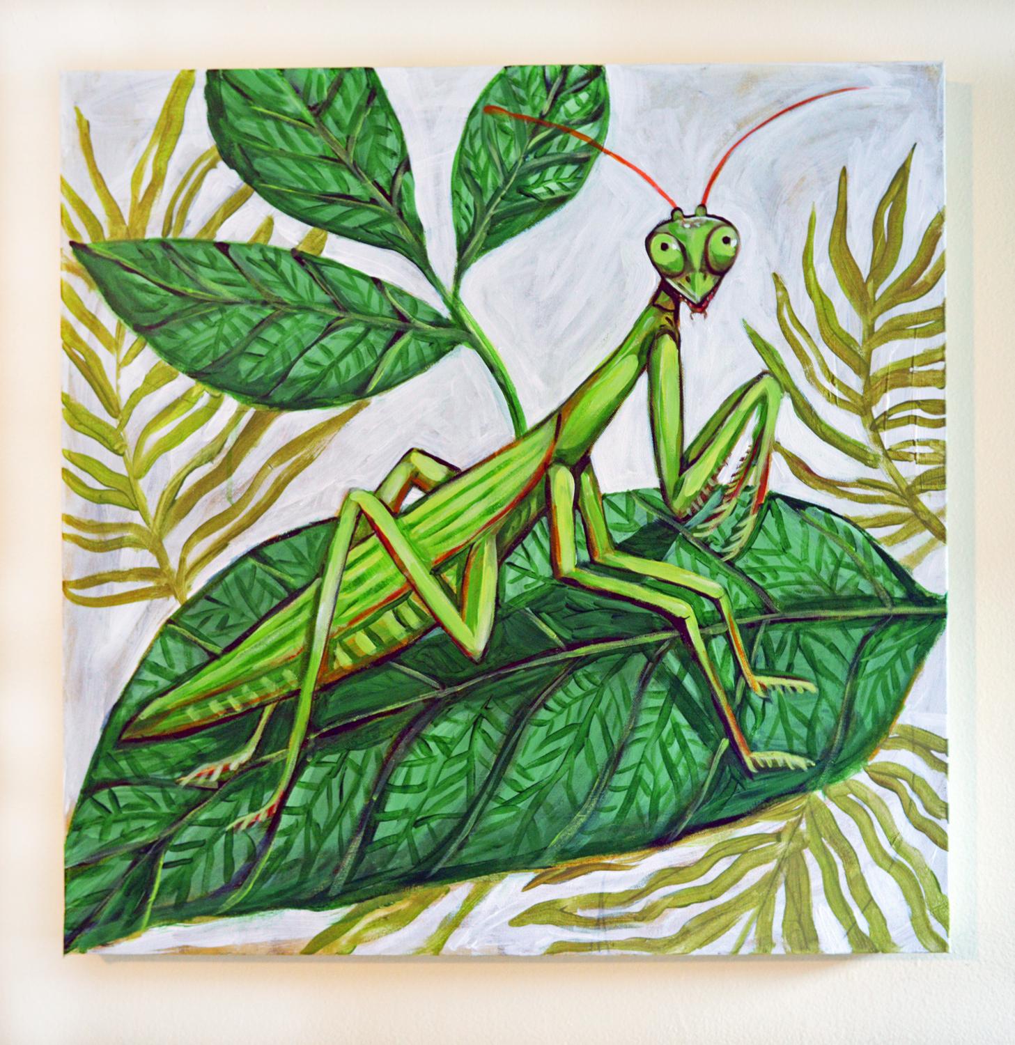 <p>Comentarios del artista<br />Una mantis religiosa de gran tamaño se posa sobre una hoja verde, con los ojos fijos en el frente. Su cara de extraterrestre y su aspecto de otro mundo son inquietantes y caprichosos a la vez. La artista Kira Yustak,