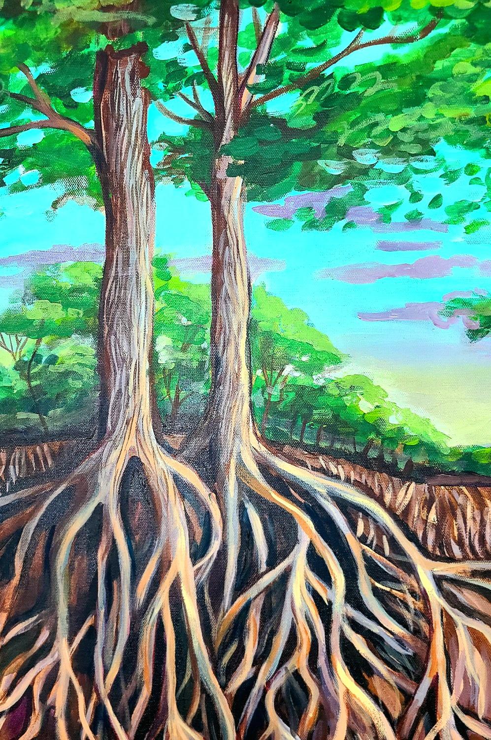 <p>Artist Comments<br>Artist Kira Yustak reveals a diverse perspective of a thriving forest. Inspired by her deep connection with the earth, Kira depicts a large root system below the trees' surface as the source of its strength. 