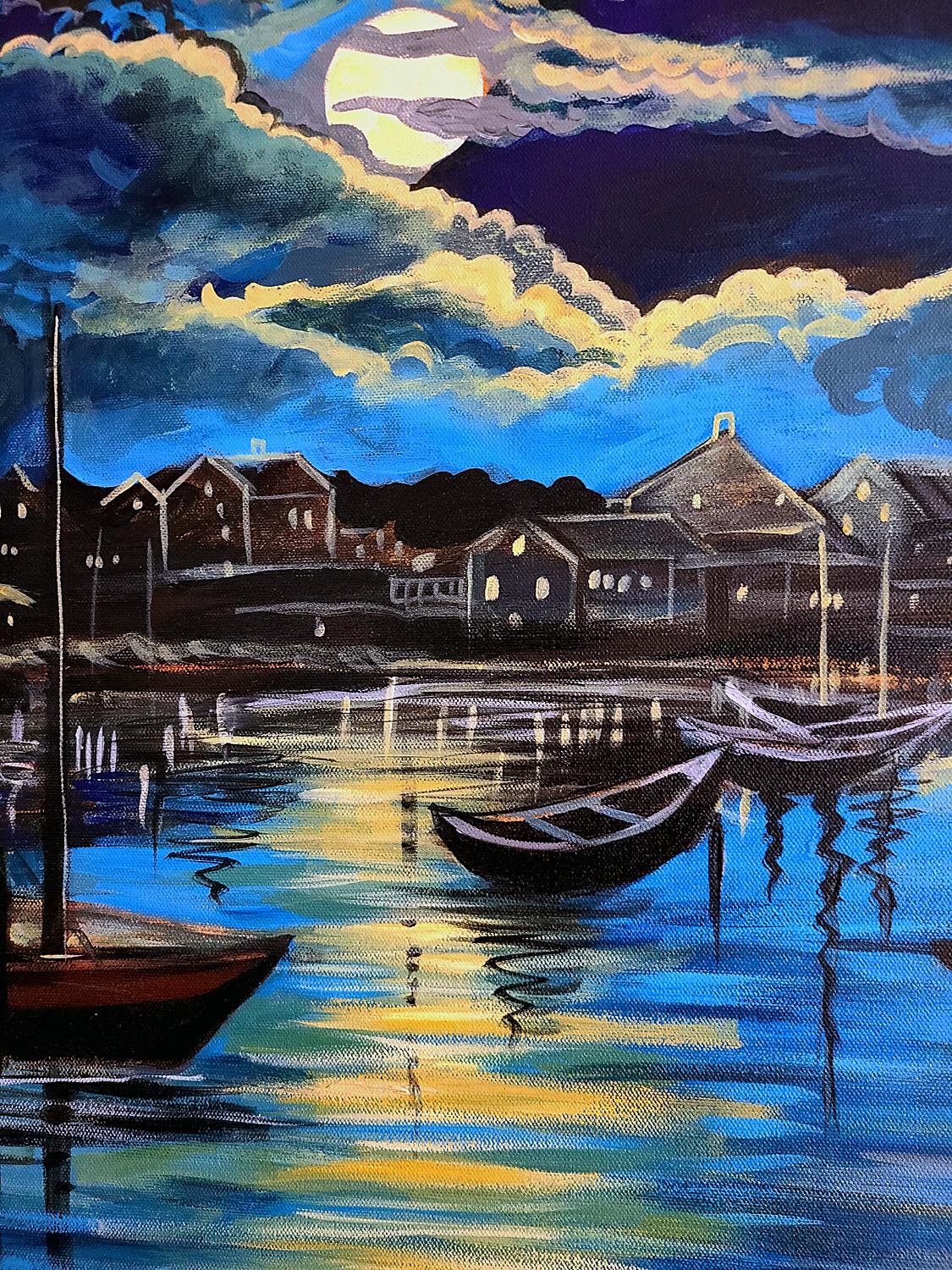 <p>Artist Comments<br>Artist Kira Yustak reveals a primitive seascape of the New Jersey docks during a breezy and relaxed evening. She paints a scene of boats gently drifting by the water under the gleaming moonlight. The iridescent lunar glow