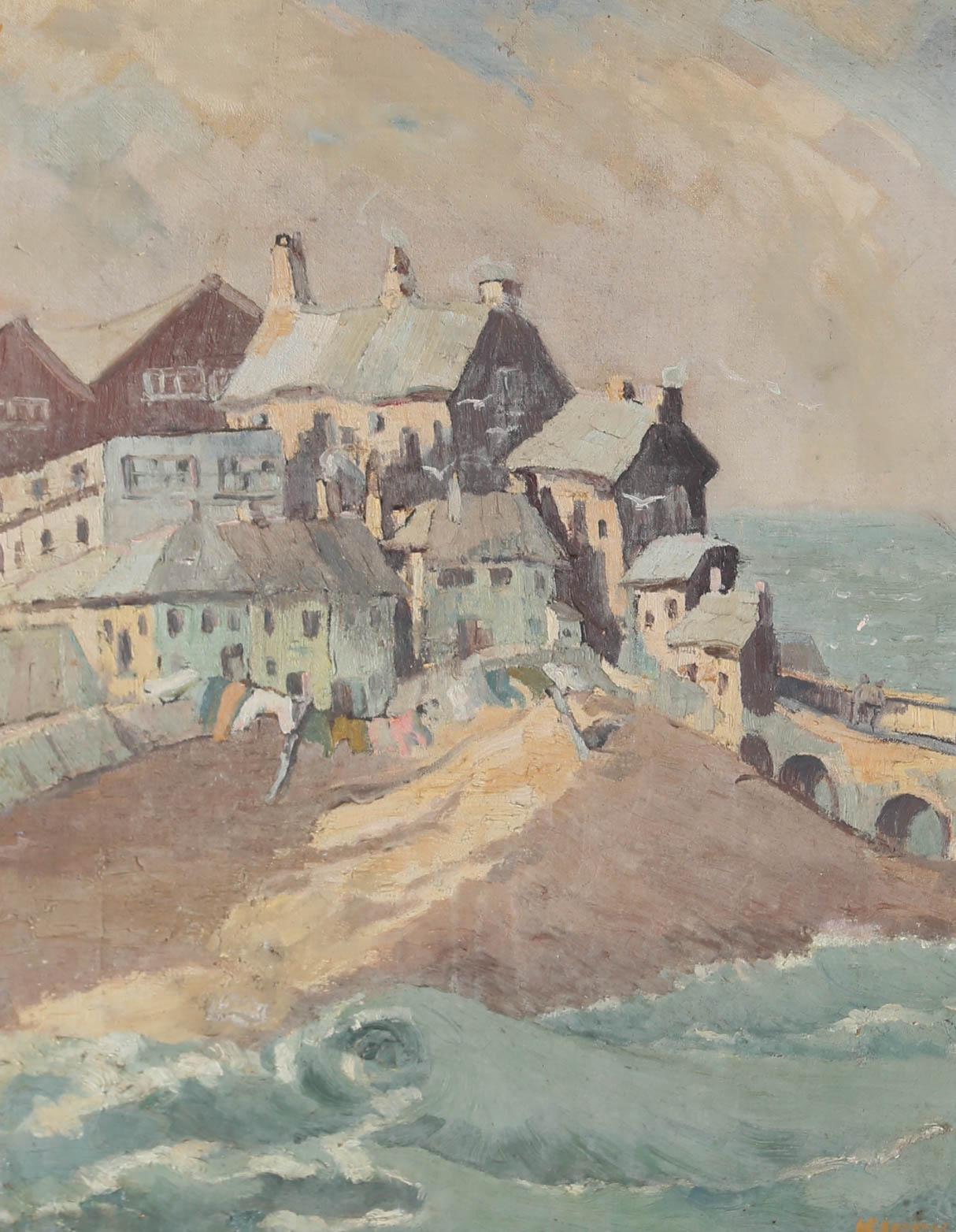 This charming Mid-Century scene depicts a coastal town on a stormy day. Washing lines shake in the wind and waves crash against the beach as a storm swirls overhead. Signed to the lower right. On canvas.
