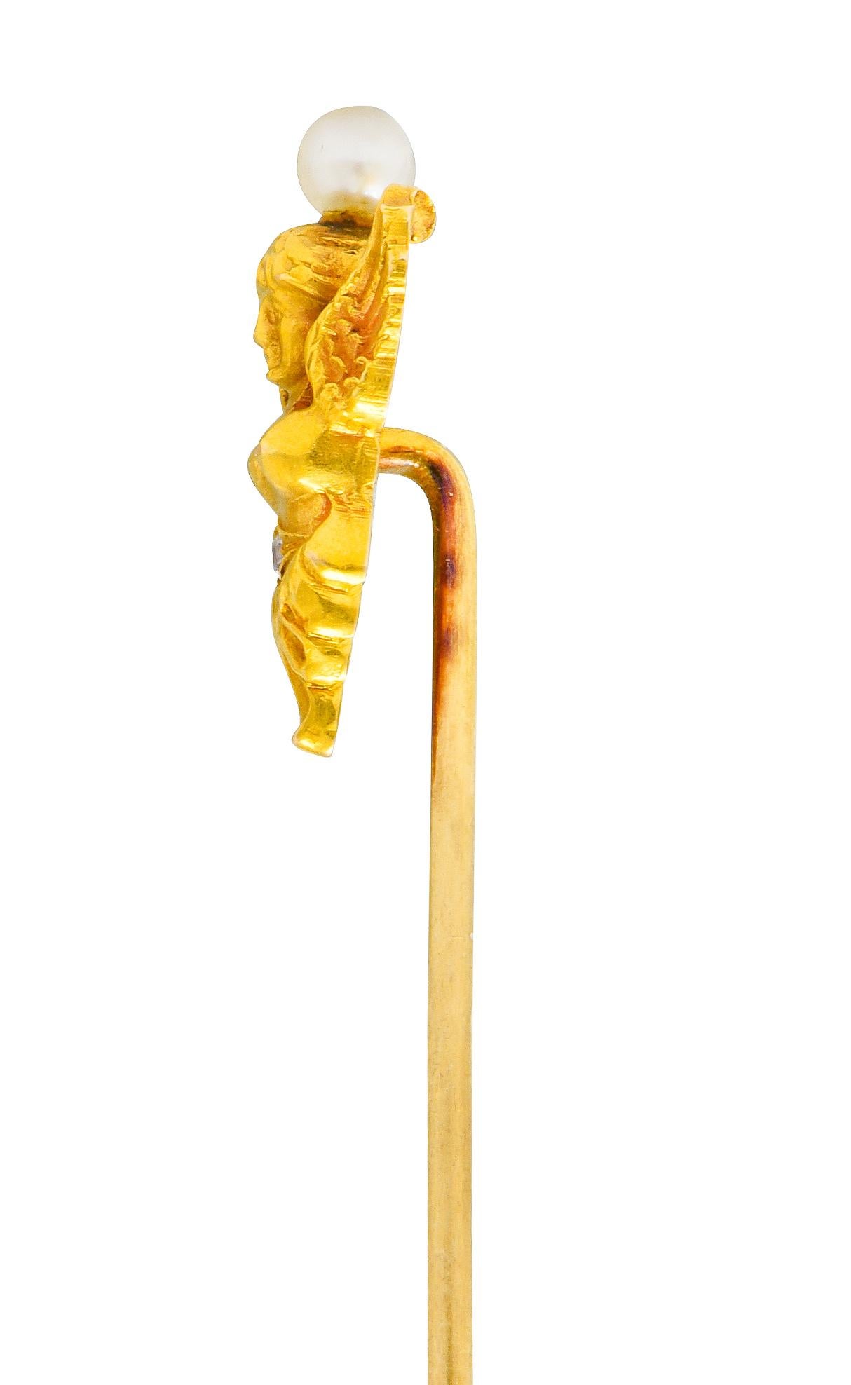 Old European Cut Kirby Art Nouveau Pearl Diamond 14 Karat Yellow Gold Angel Stickpin For Sale