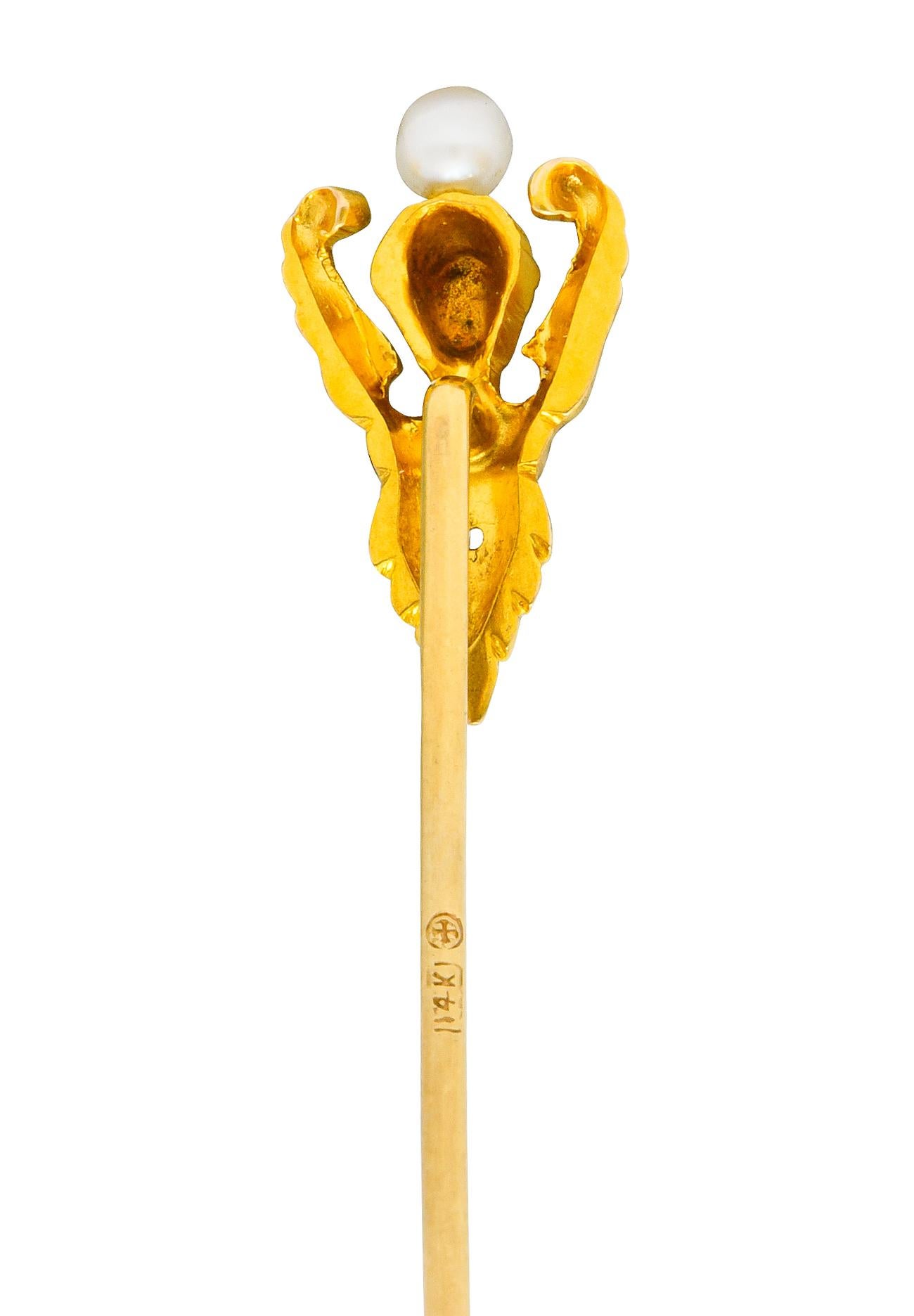 Kirby Art Nouveau Pearl Diamond 14 Karat Yellow Gold Angel Stickpin In Excellent Condition For Sale In Philadelphia, PA