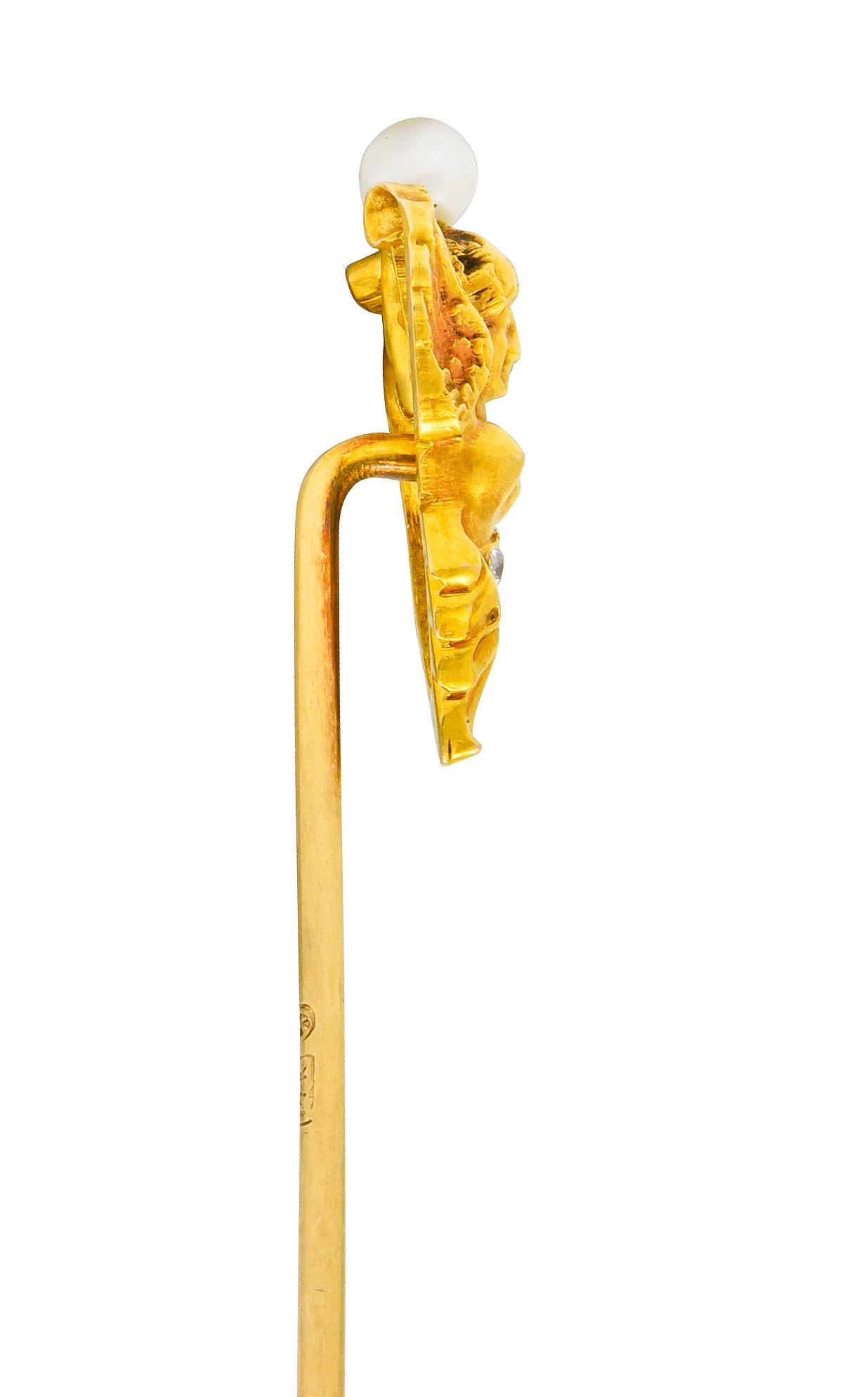 Women's or Men's Kirby Art Nouveau Pearl Diamond 14 Karat Yellow Gold Angel Stickpin For Sale