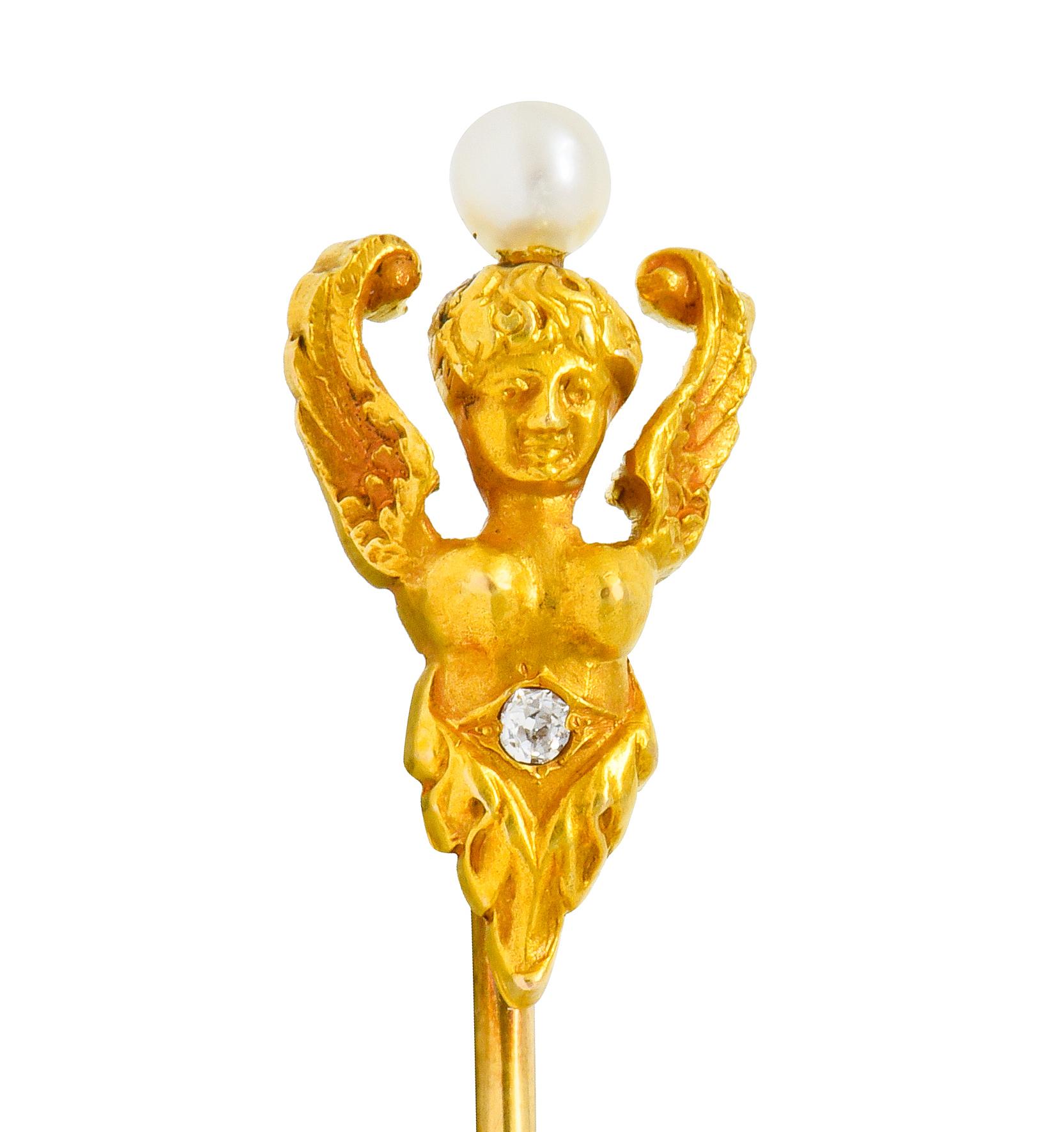 Kirby Art Nouveau Pearl Diamond 14 Karat Yellow Gold Angel Stickpin For Sale 2