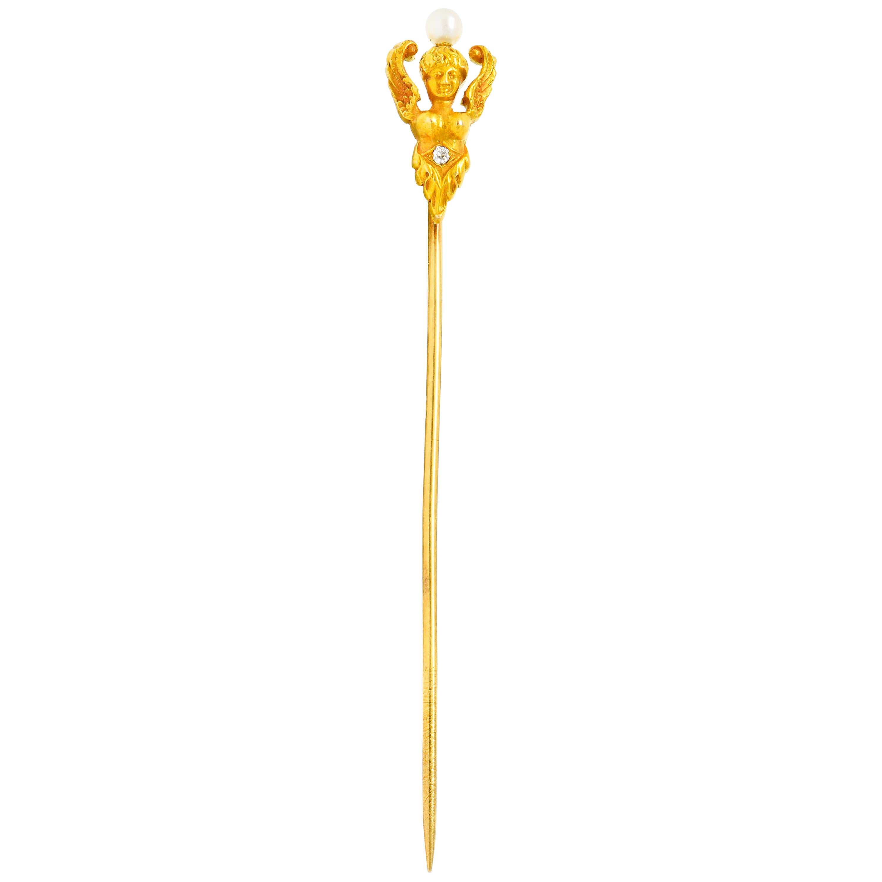Kirby Art Nouveau Pearl Diamond 14 Karat Yellow Gold Angel Stickpin