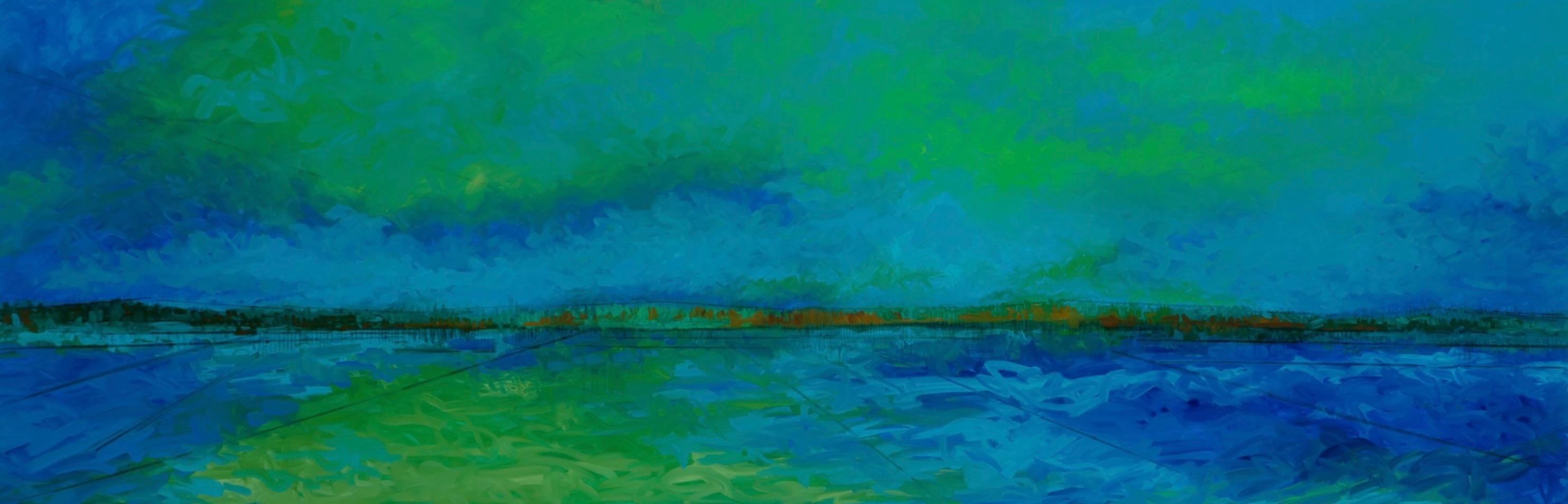 Crépuscule bleu : Grand paysage abstrait d'eau côtière avec des verts et des bleus vifs