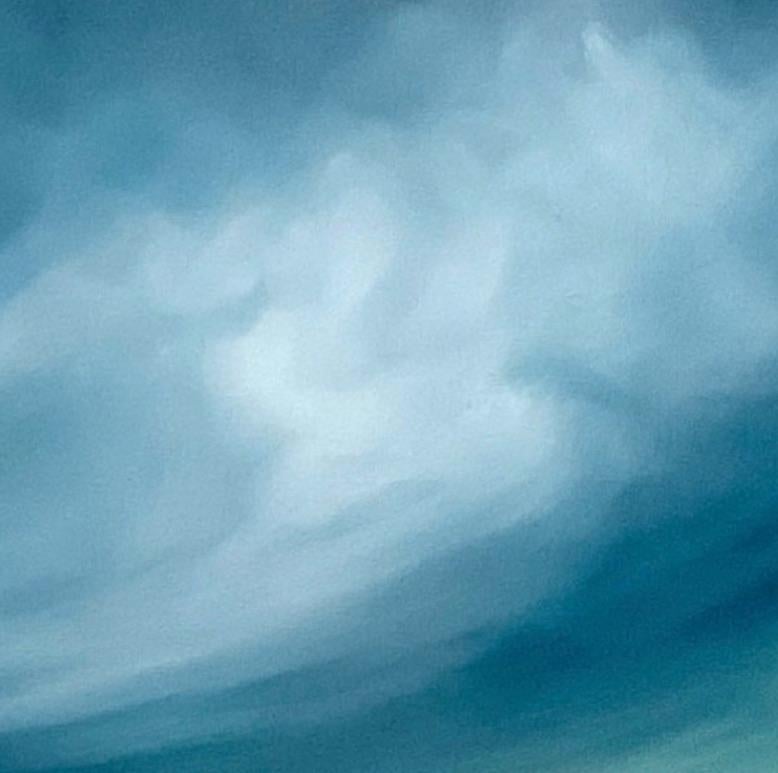 Incoming Spring Rain: large oil painting, dramatic landscape with clouds in blue - Painting by Kirby Fredendall