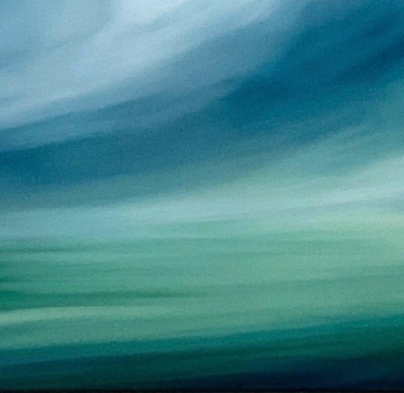Incoming Spring Rain: large oil painting, dramatic landscape with clouds in blue - Blue Abstract Painting by Kirby Fredendall