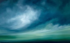Lluvia primaveral entrante: gran óleo, paisaje dramático con nubes en azul