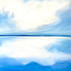Summer Skies Blue 2: contemporary oil painting with water, clouds, sky, lake