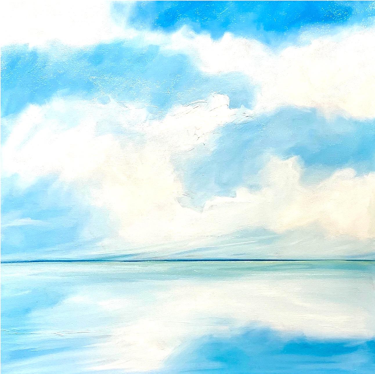 Summer Skies Blue 2 : peinture à l'huile contemporaine avec eau, nuages, ciel, lac - Bleu Abstract Painting par Kirby Fredendall