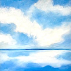 Summer Skies Blue 2: contemporary oil painting with water, clouds, sky, lake
