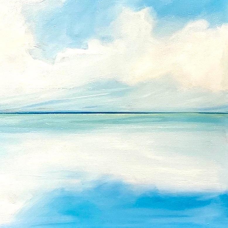 Summer Skies Blue 3 : peinture à l'huile contemporaine avec eau, nuages, ciel, lac - Painting de Kirby Fredendall