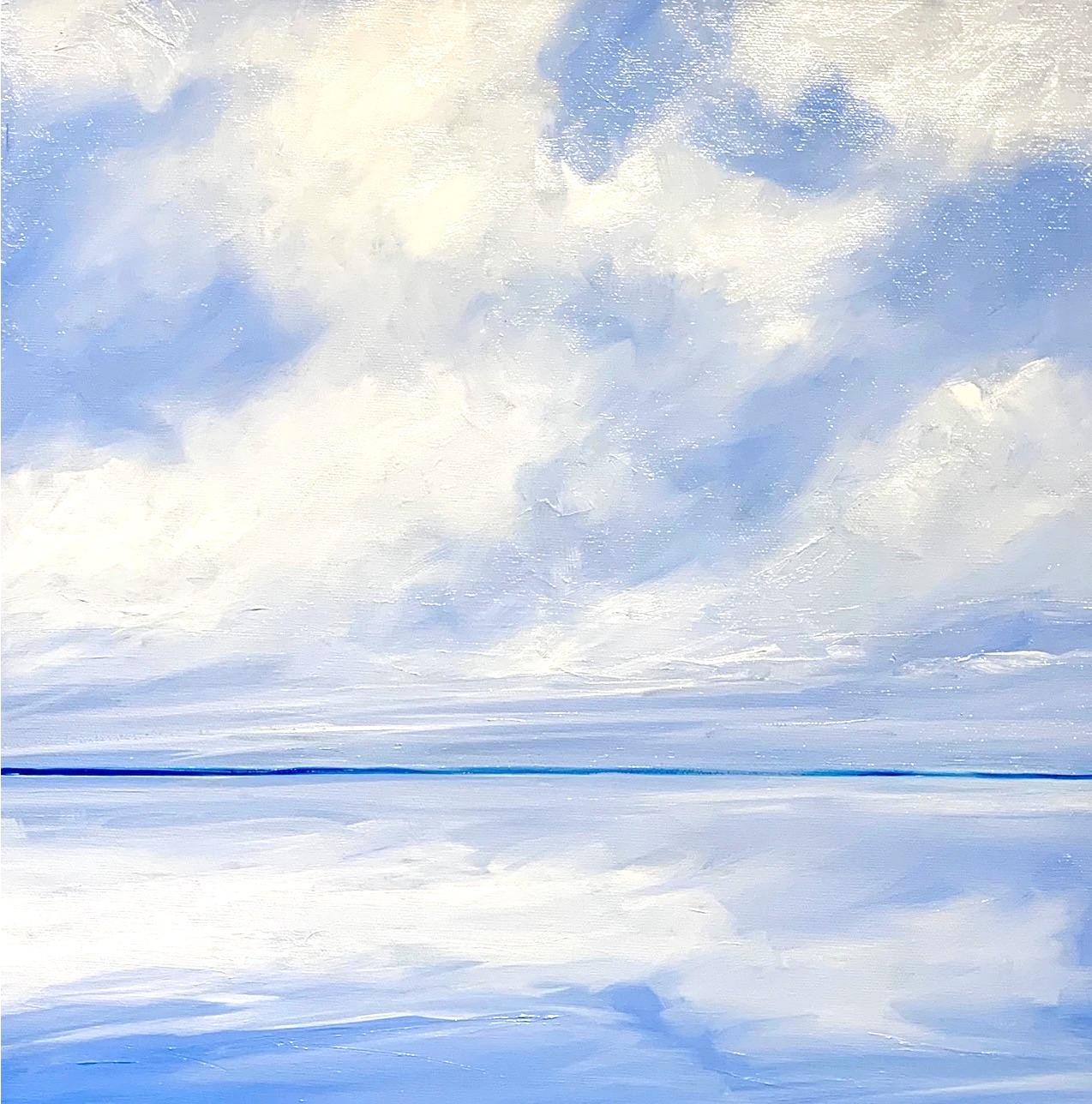Summer Skies Blue 3 : peinture à l'huile contemporaine avec eau, nuages, ciel, lac - Impressionnisme Painting par Kirby Fredendall