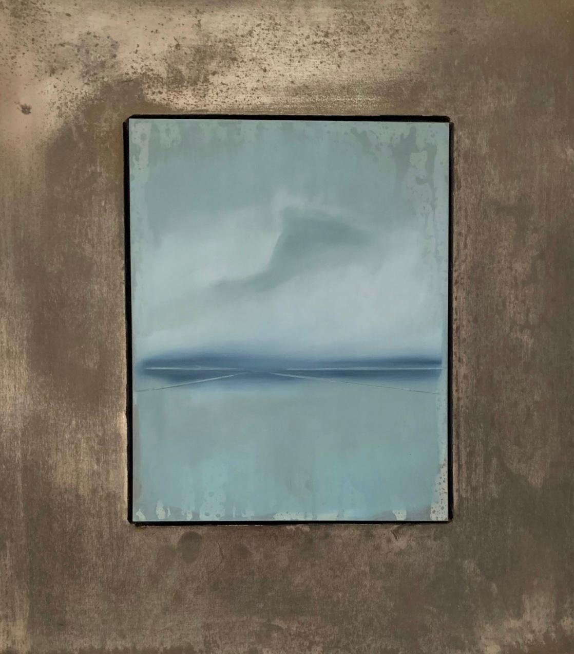 Kirby Fredendall Landscape Painting - The Gentleness of Air: Framed Tonalist Landscape on Acid-Washed Tin, Blue & Gray