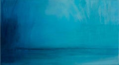 Envuelto en quietud I: pintura al óleo de un malhumorado paisaje azul sobre hojalata lavada al ácido