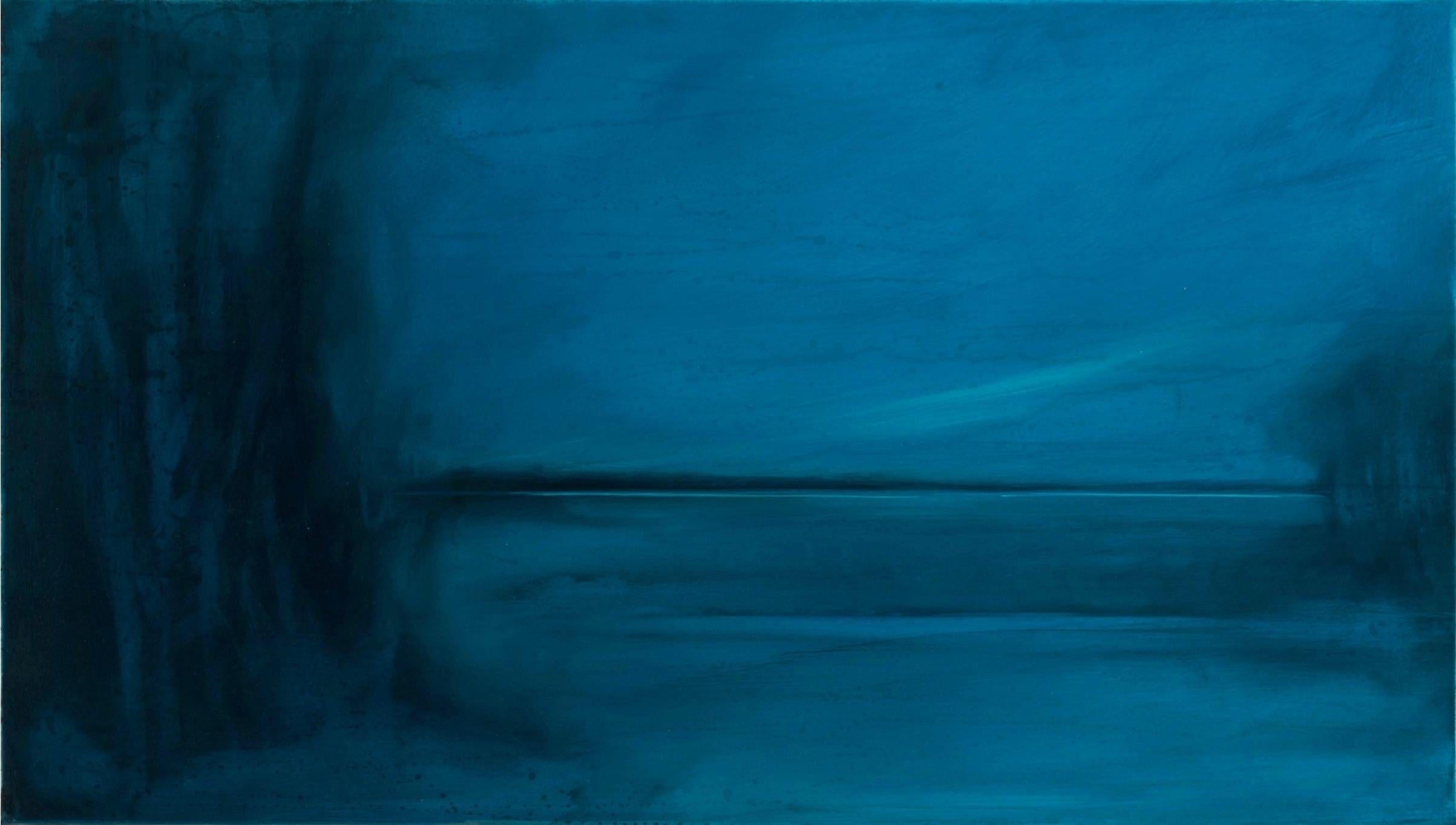 Wrapped in Stillness II: pittura ad olio di un paesaggio blu lunatico su latta lavata con acido